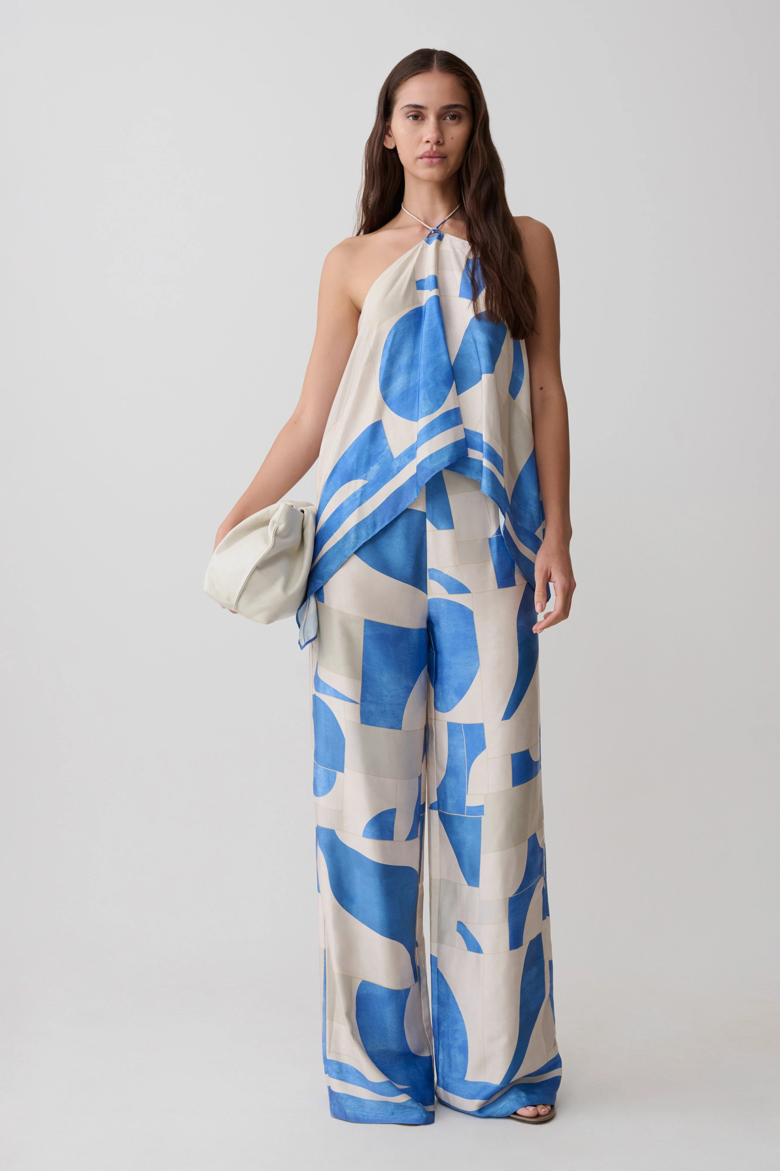 Adelaide Draped Satin Halter Top - Blue Geo Tile Print - Image 5