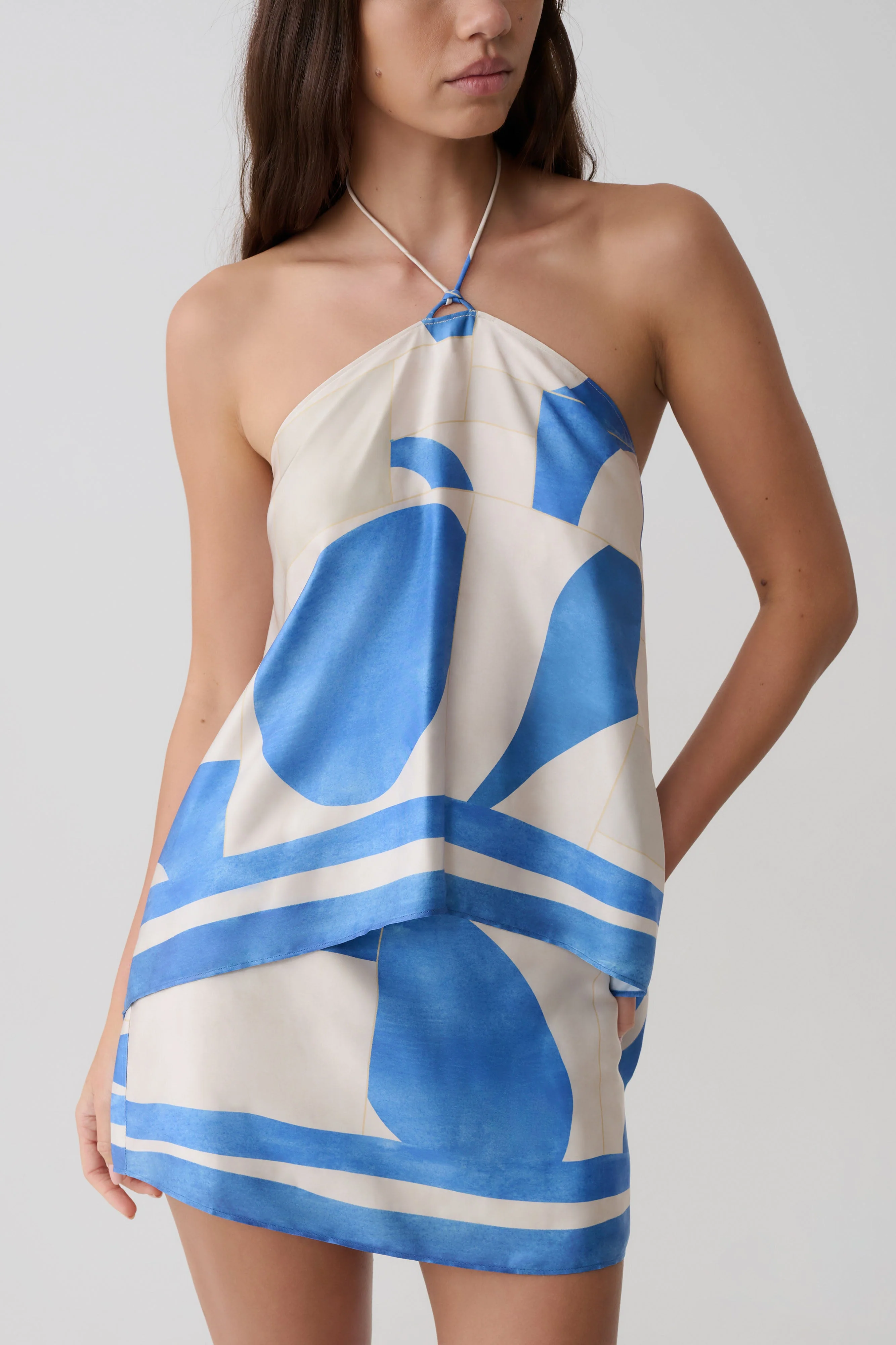 Adelaide Draped Satin Halter Top - Blue Geo Tile Print - Image 7