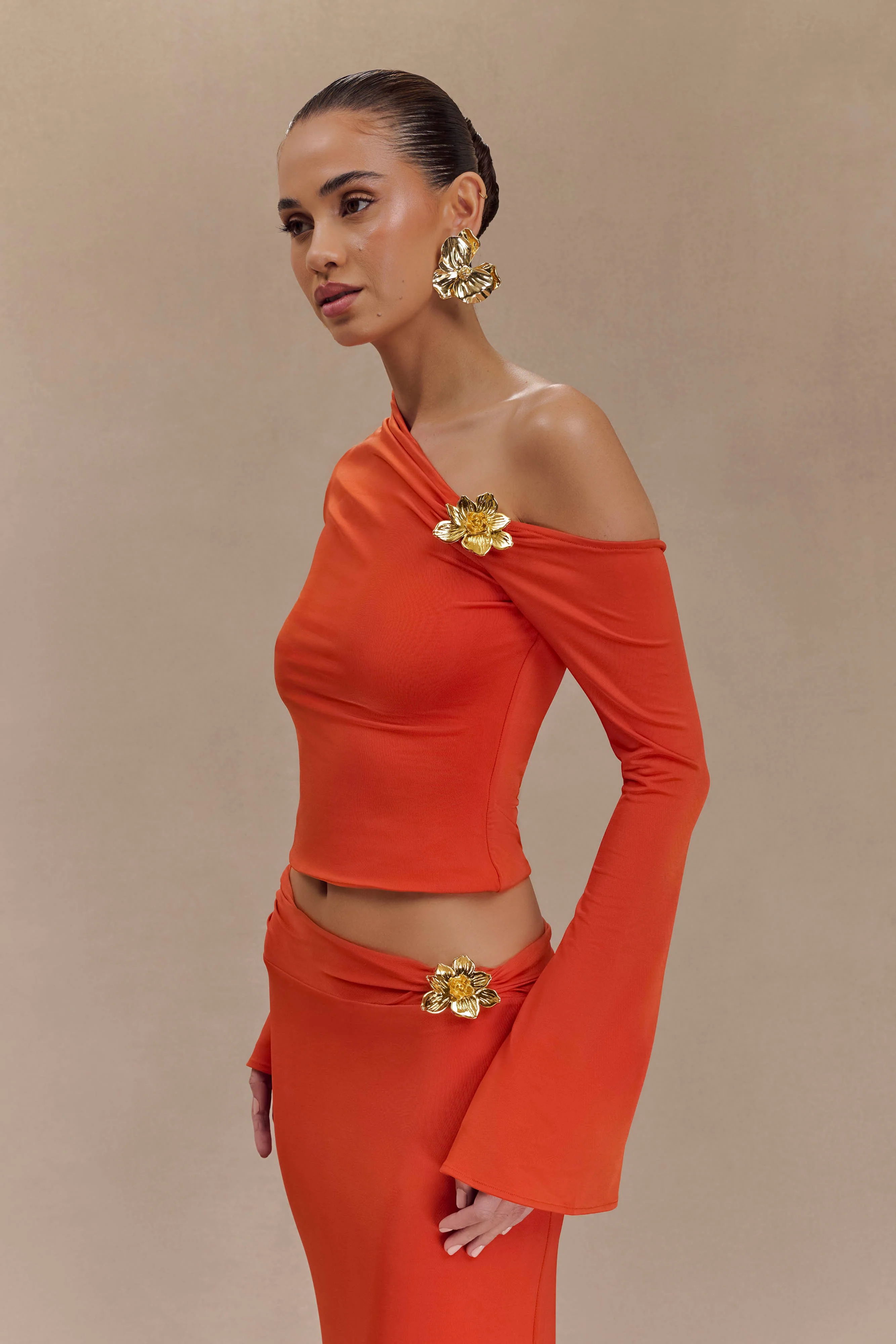 Ainsley Asymmetrical Long Sleeve Top With Floral Hardware - Burnt Orange - Image 4
