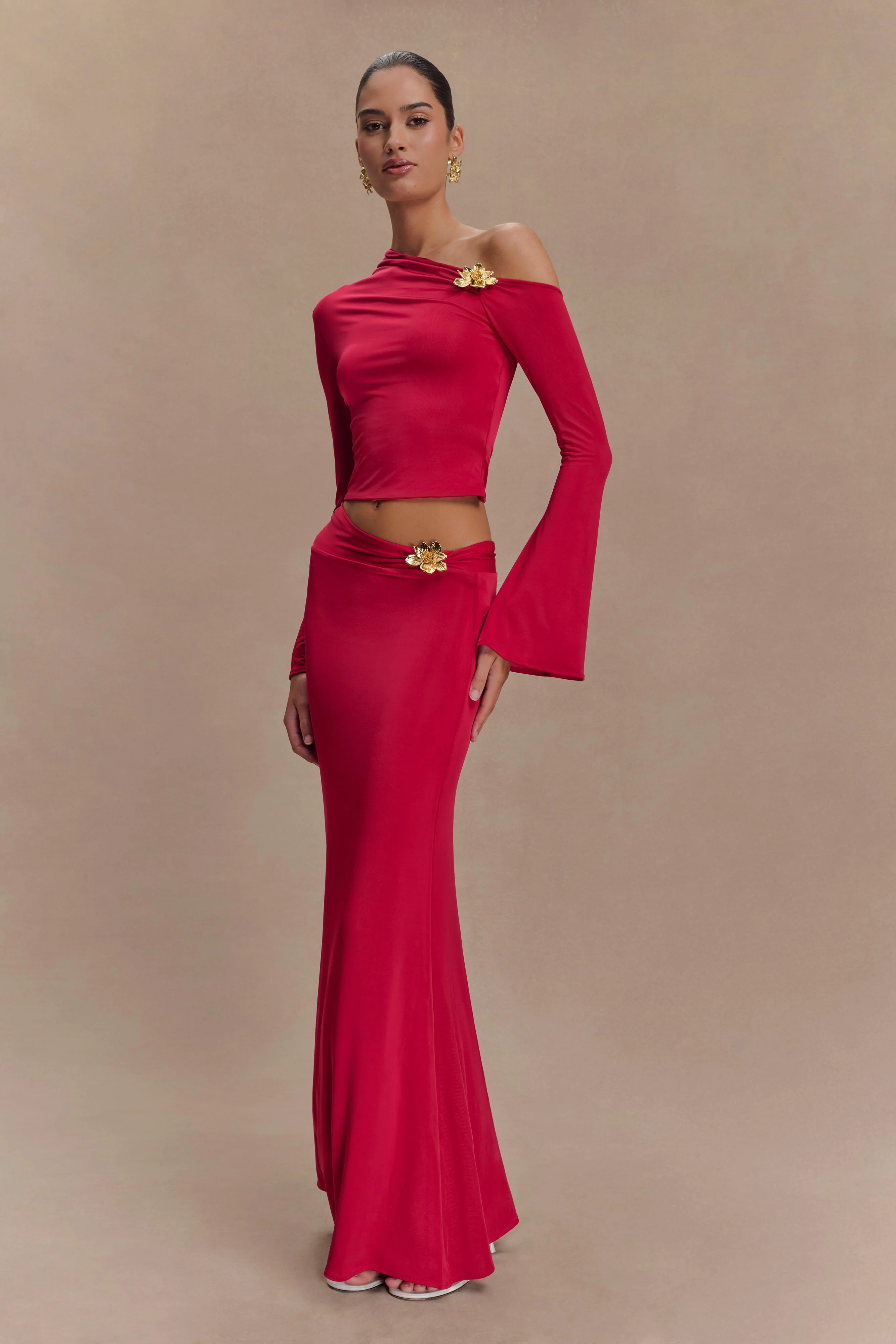 Ainsley Asymmetrical Maxi Skirt With Floral Hardware - Fuchsia Pink - Image 6