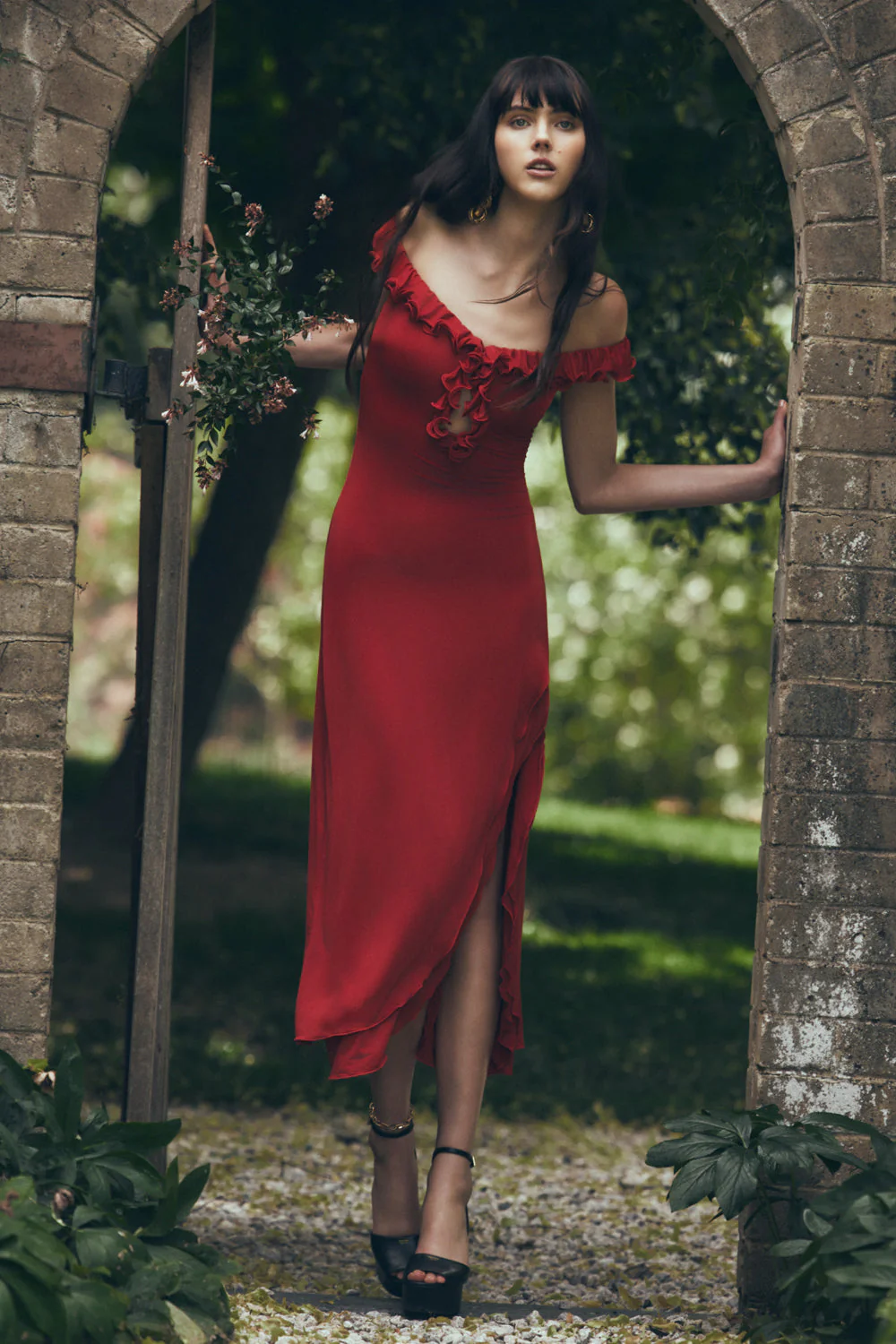 Allegra Off Shoulder Ruffle Midi Dress - Ruby - Image 2