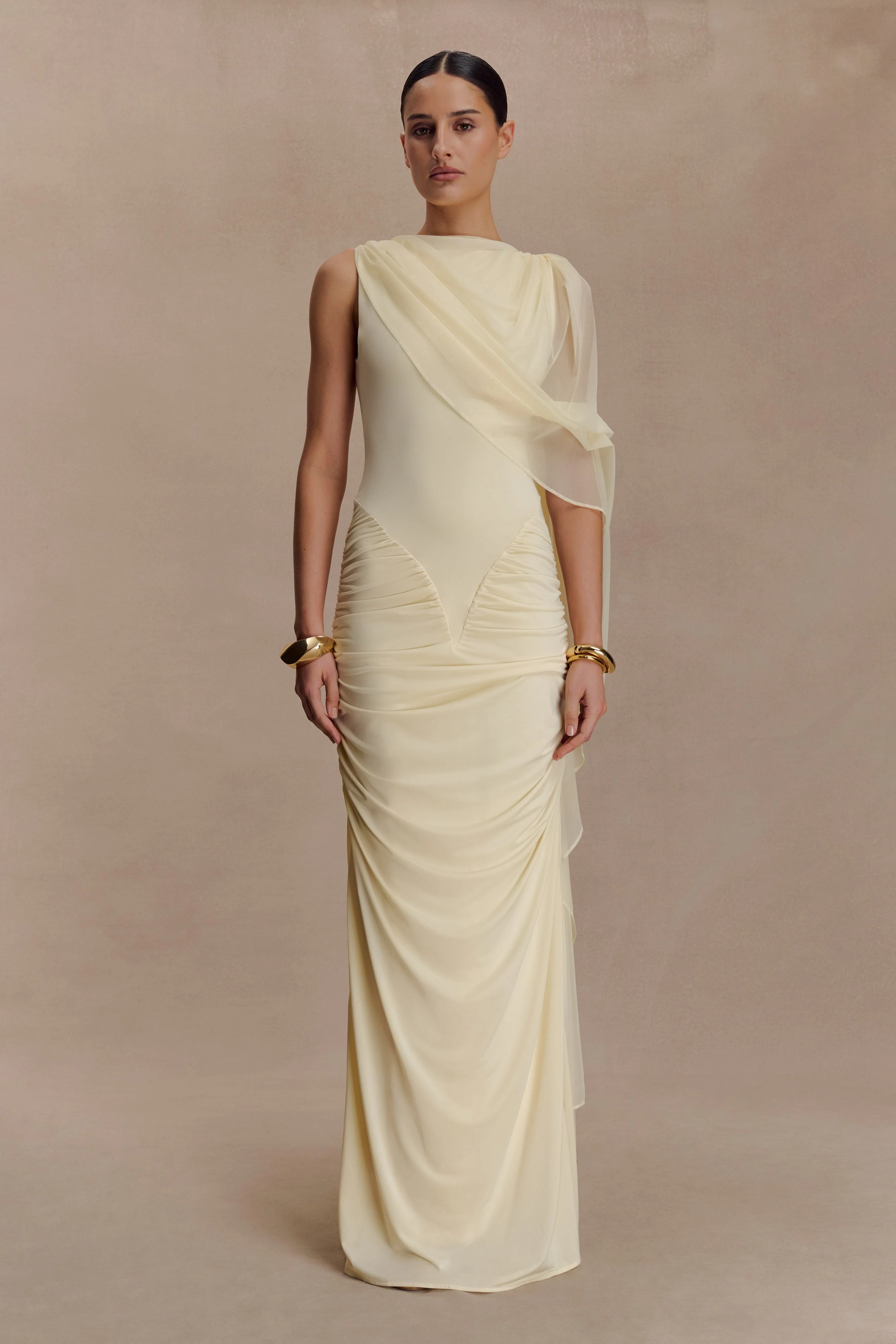 Amandine Ruched Slinky Maxi Dress - Lemon - Image 4