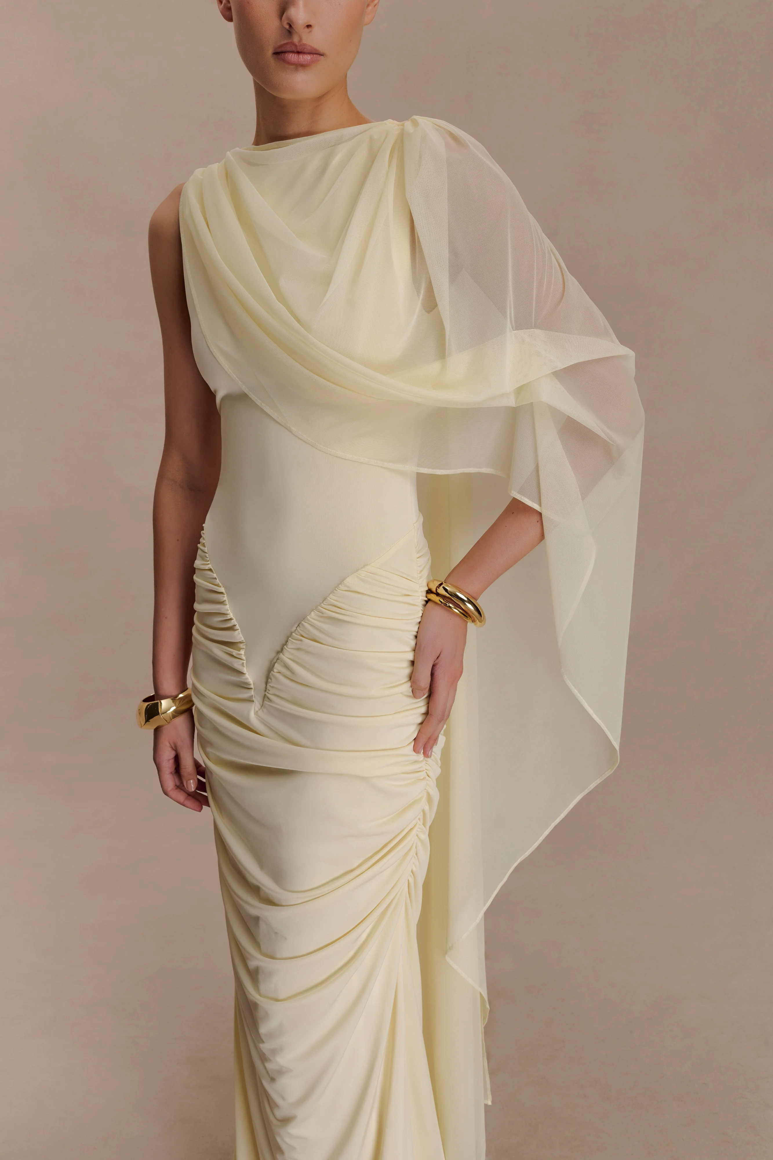 Amandine Ruched Slinky Maxi Dress - Lemon - Image 6
