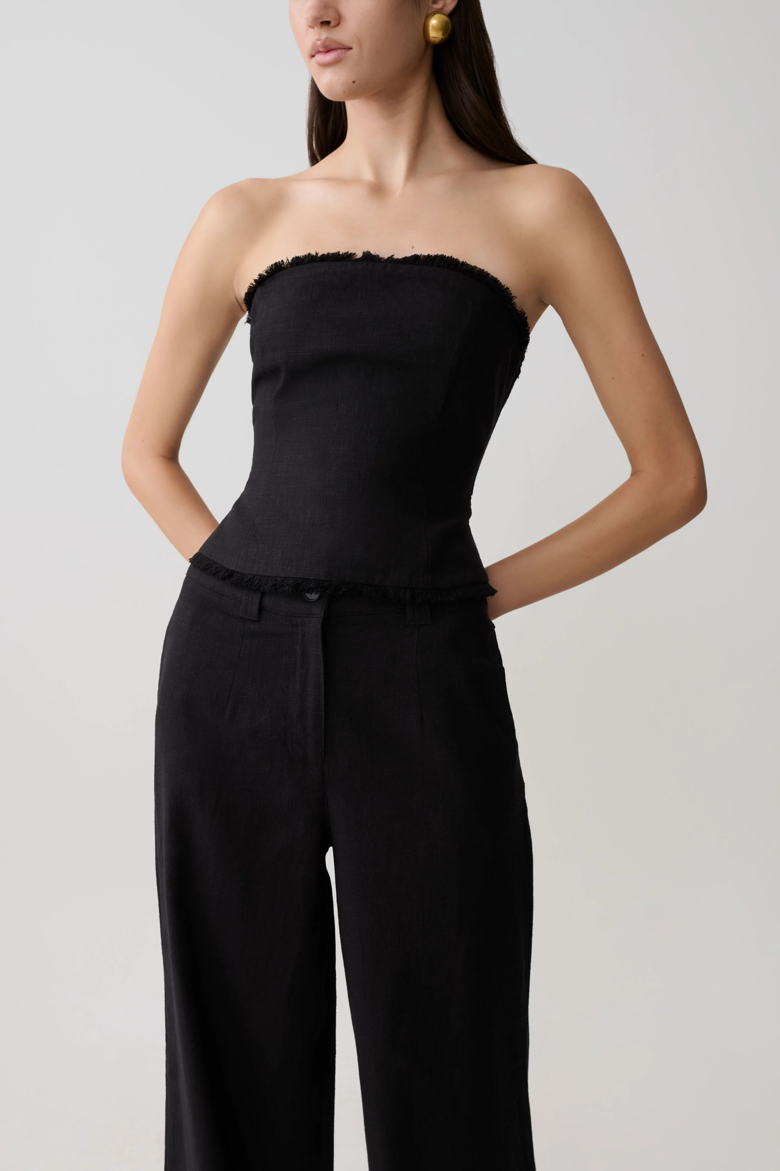 Annie Strapless Tie Back Linen Top - Black - Image 3