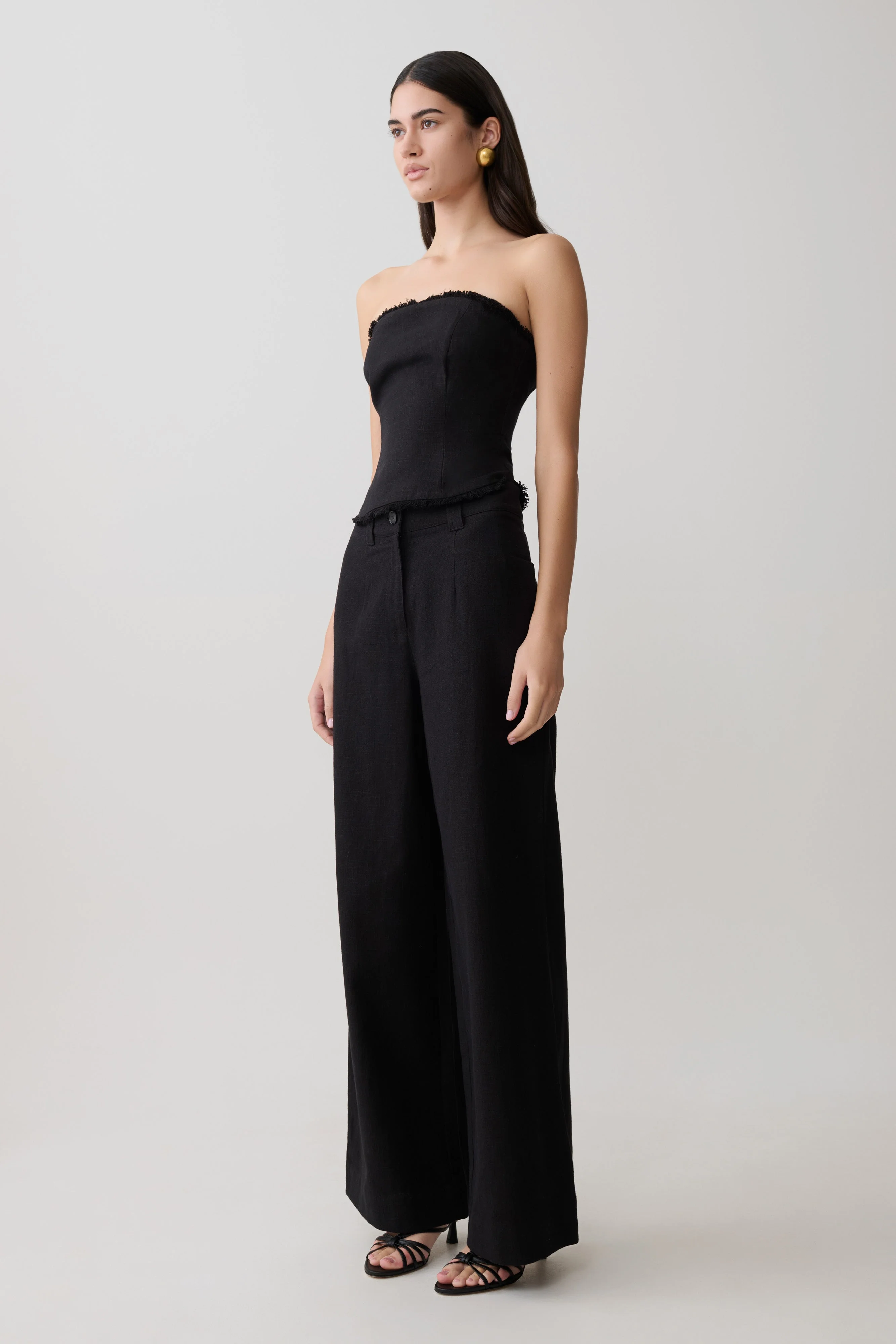 Annie Strapless Tie Back Linen Top - Black - Image 4