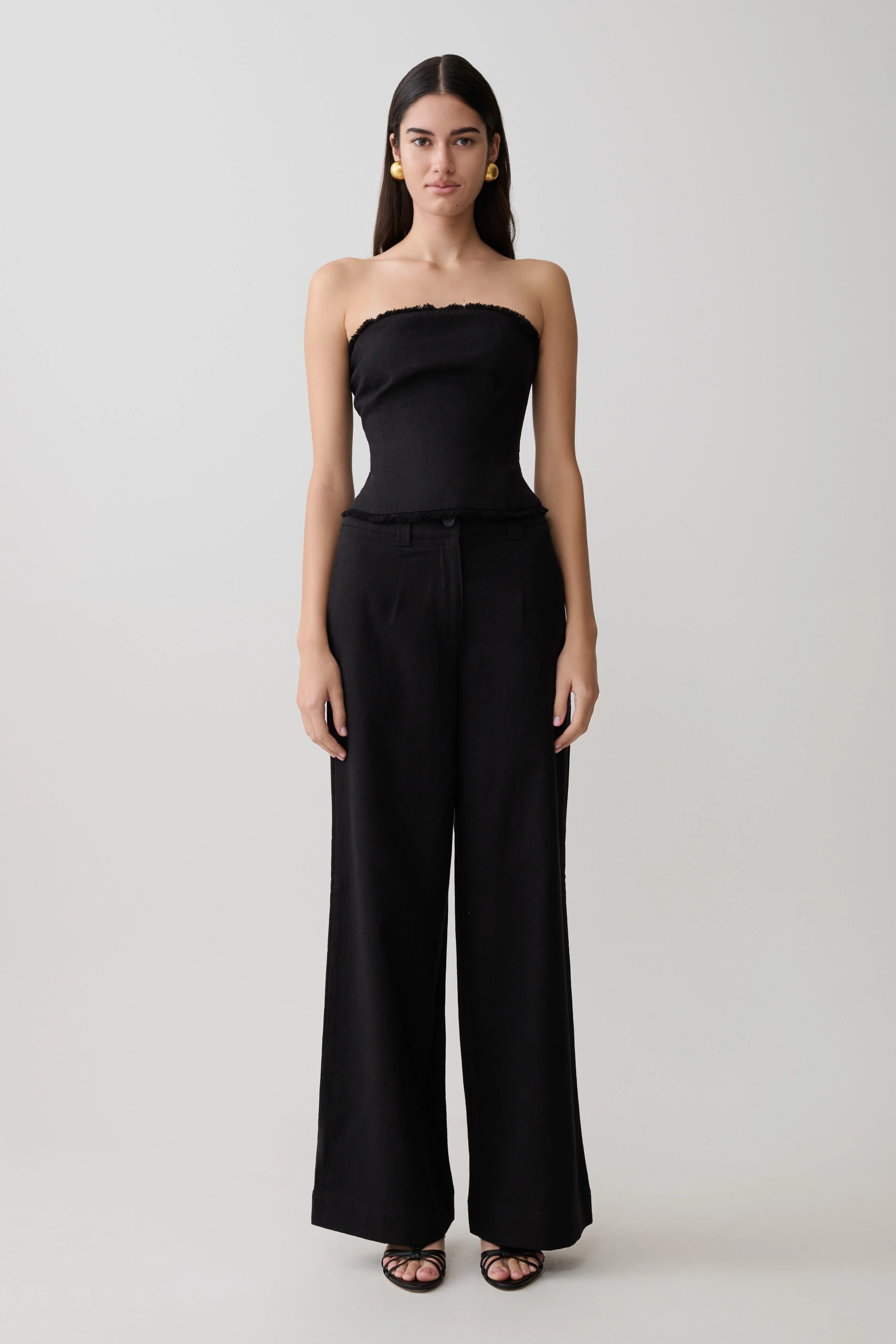 Annie Strapless Tie Back Linen Top - Black - Image 5