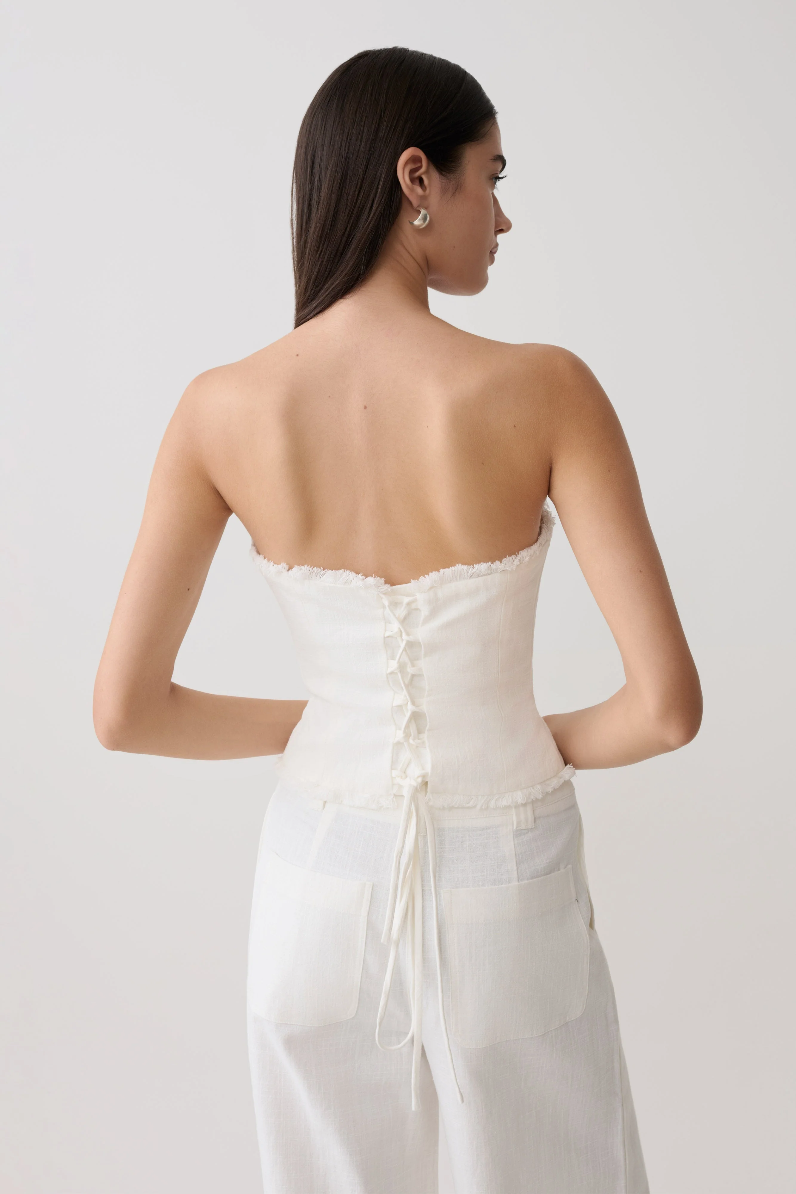 Annie Strapless Tie Back Linen Top - White - Image 2