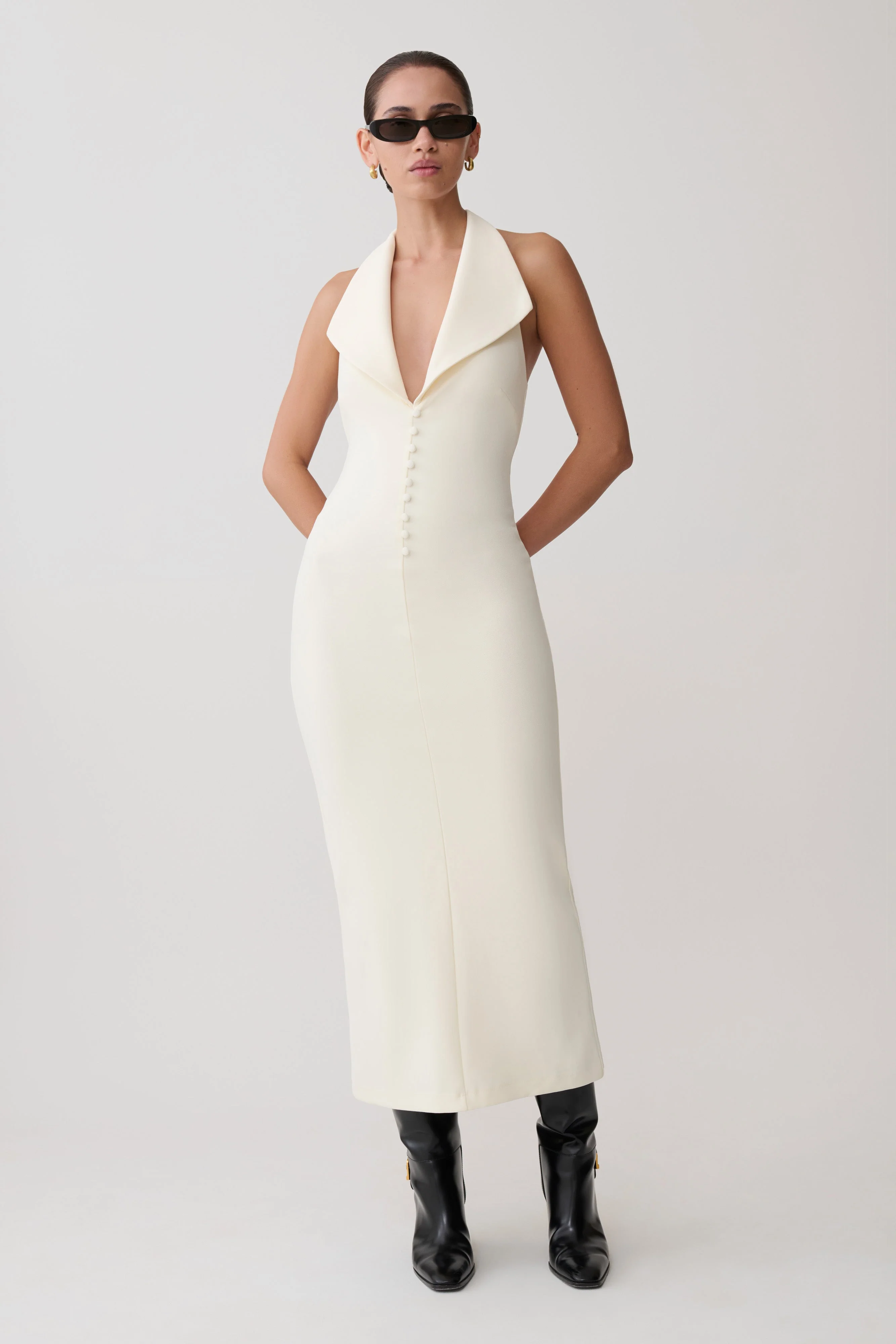 Annita Crepe Halter Midi Dress - Ivory - Image 5