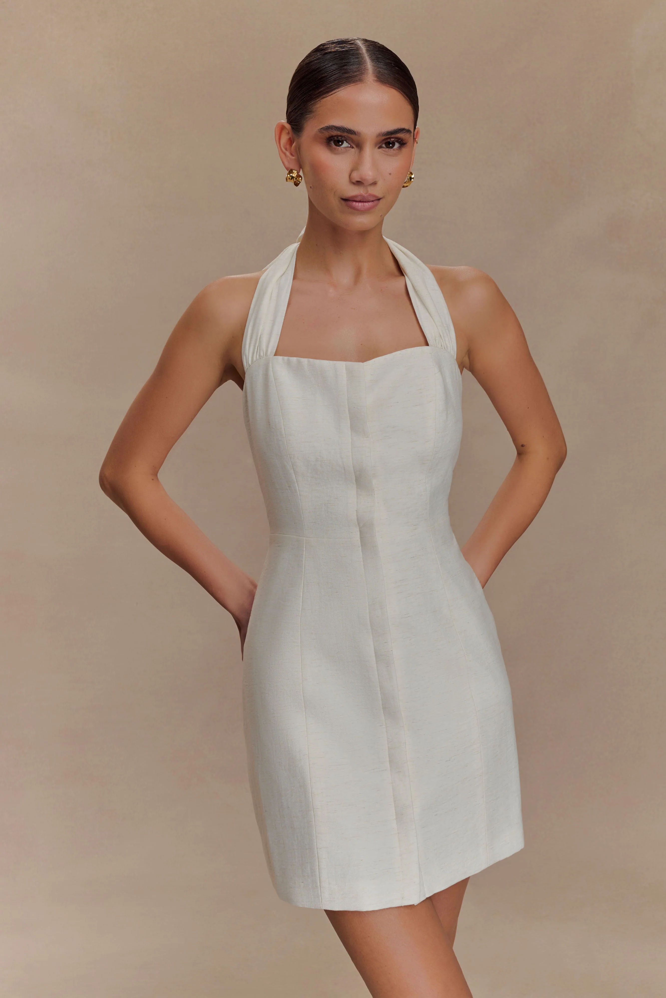 Anya Linen Halter Mini Dress - Oat Marle - Image 2