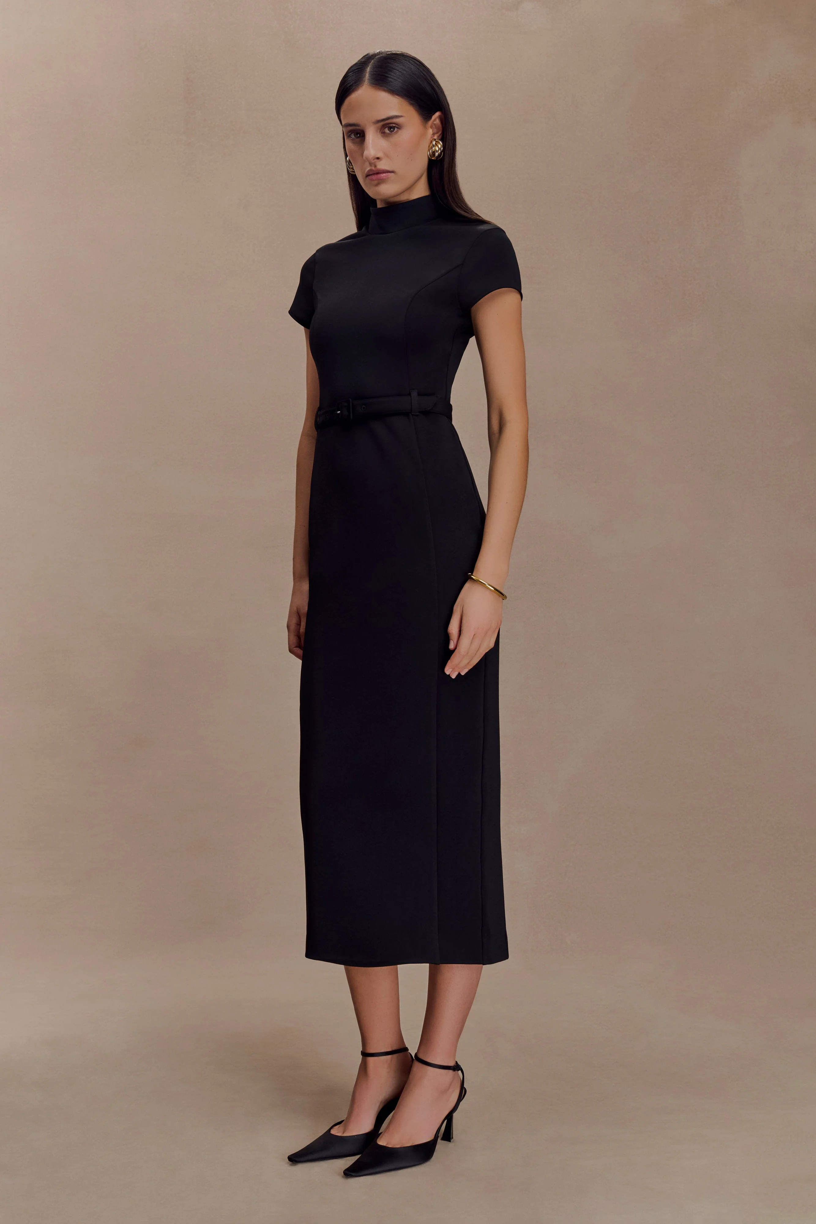 Arwyn Short Sleeve Crepe Midi Dress - Black - Image 3