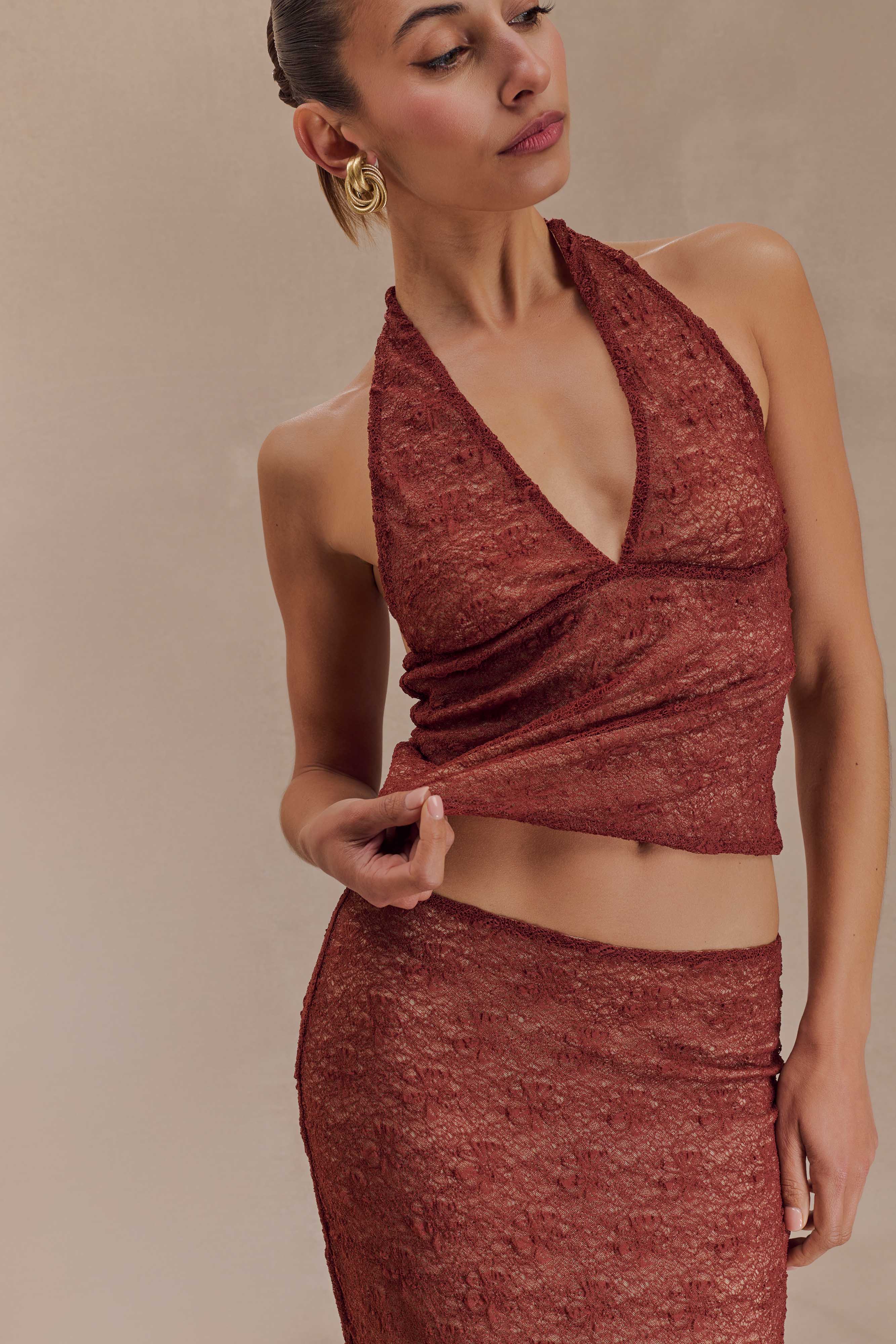 Asher Sheer Lace Halter Top - Chilli - Image 8