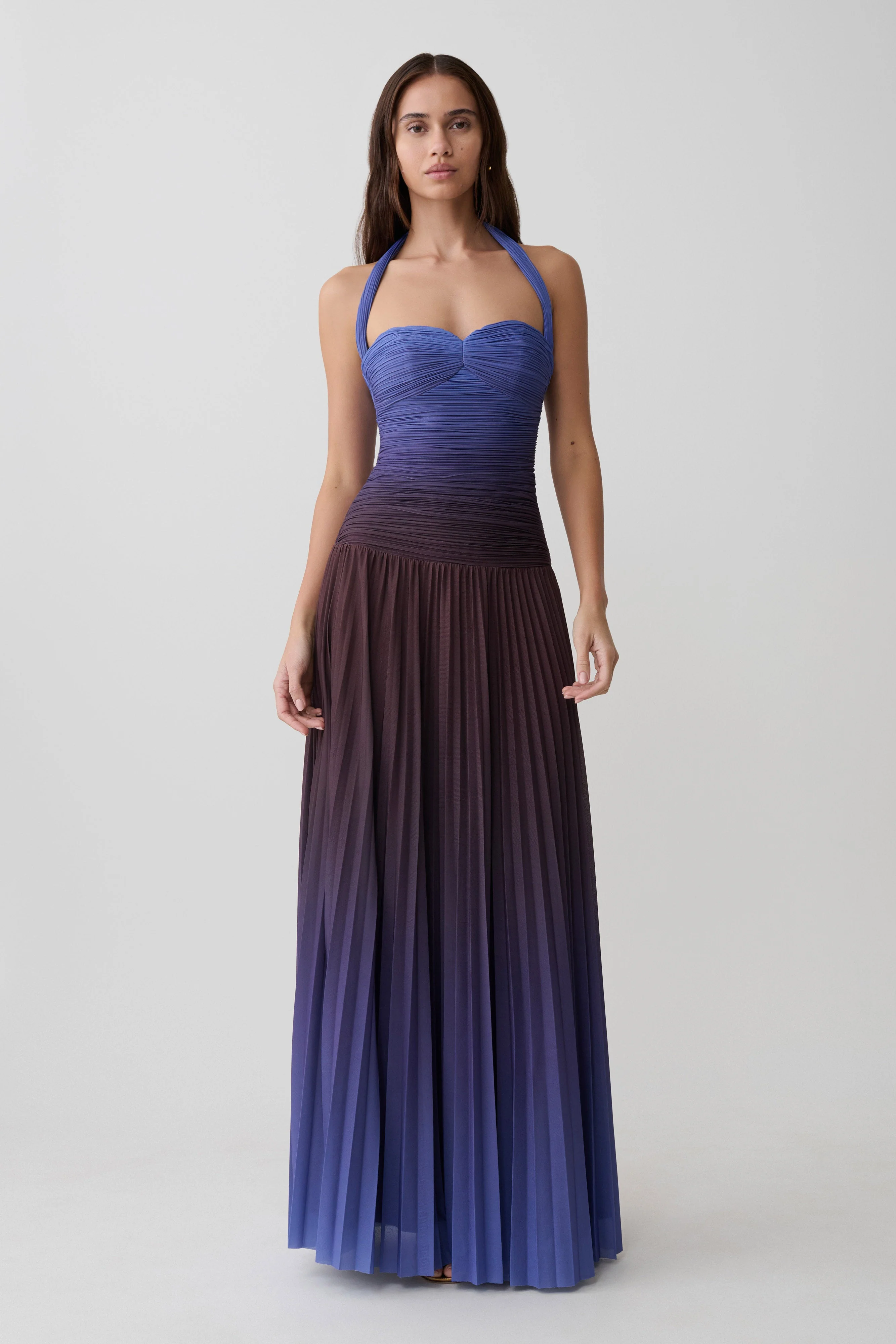Azizi Pleated Halter Midi Dress - Chocolate & Blue Ombre Print - Image 4