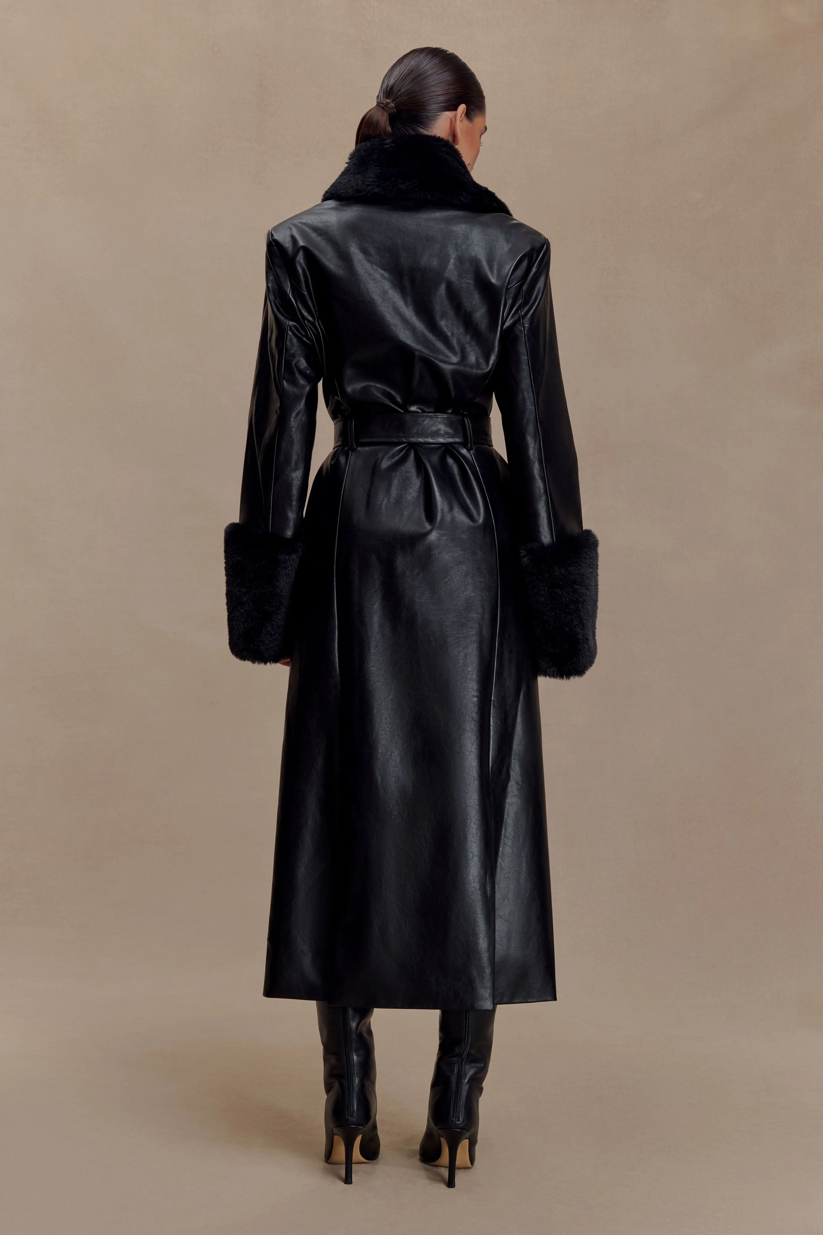 Bec Faux Leather Trench Coat With Faux Fur - Black - Image 2