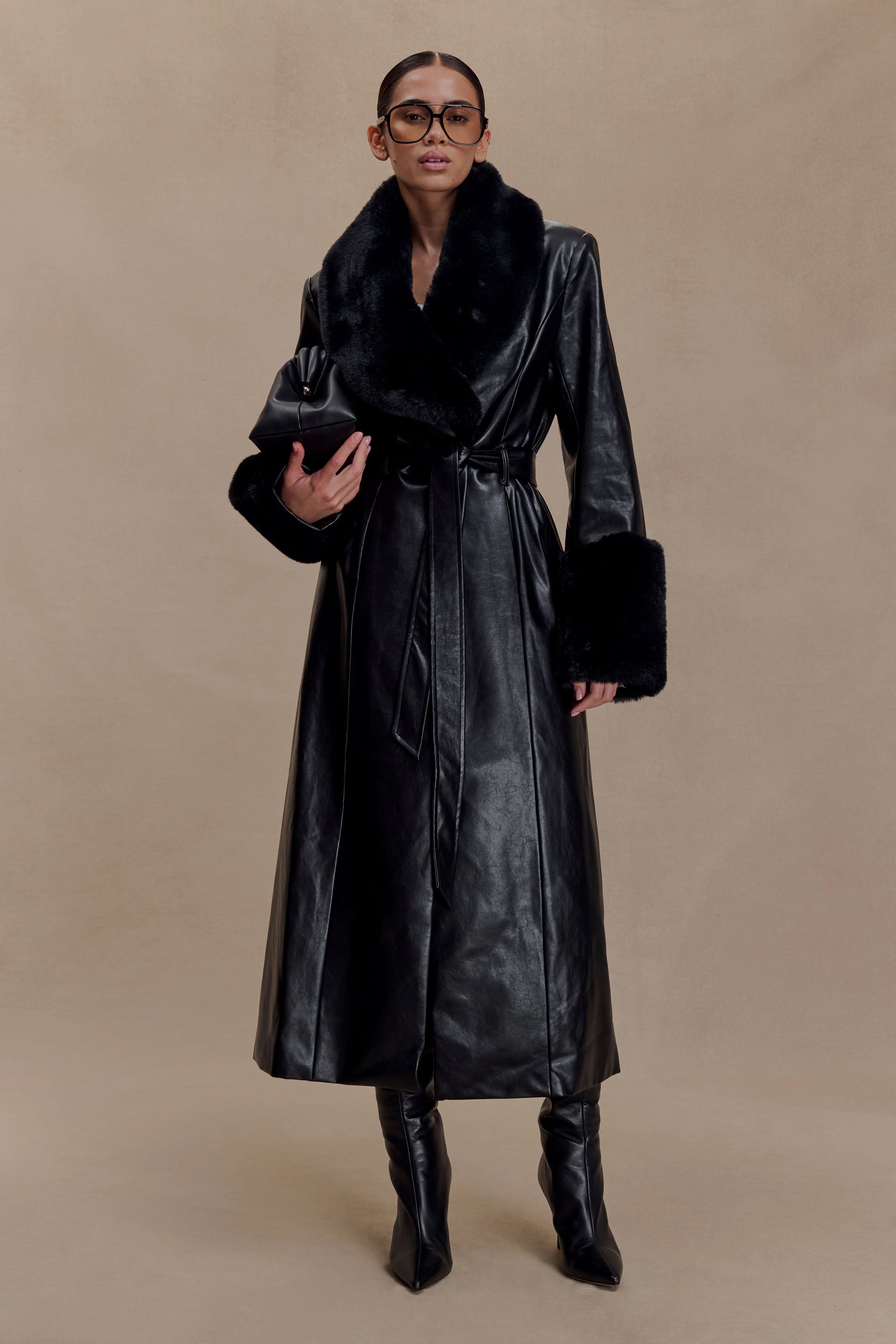 Bec Faux Leather Trench Coat With Faux Fur - Black - Image 6