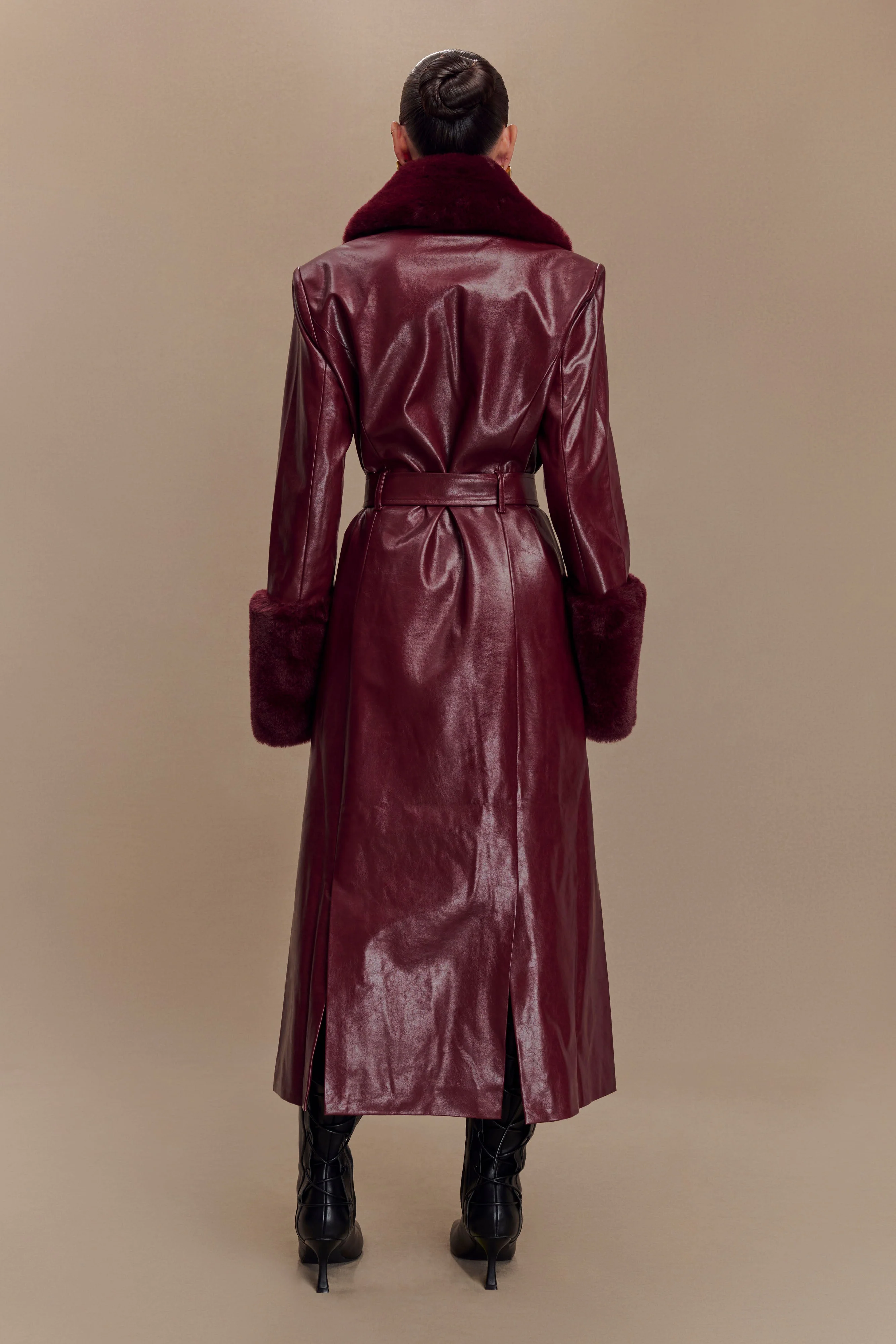 Bec Faux Leather Trench Coat With Faux Fur - Cherry Red - Image 2