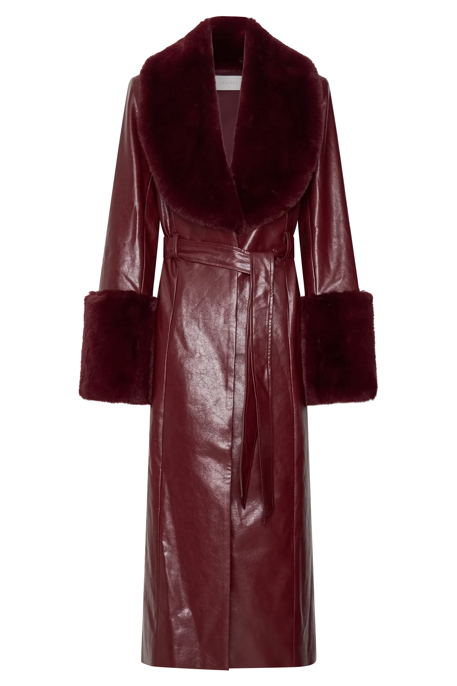 Bec Faux Leather Trench Coat With Faux Fur - Cherry Red - Image 8