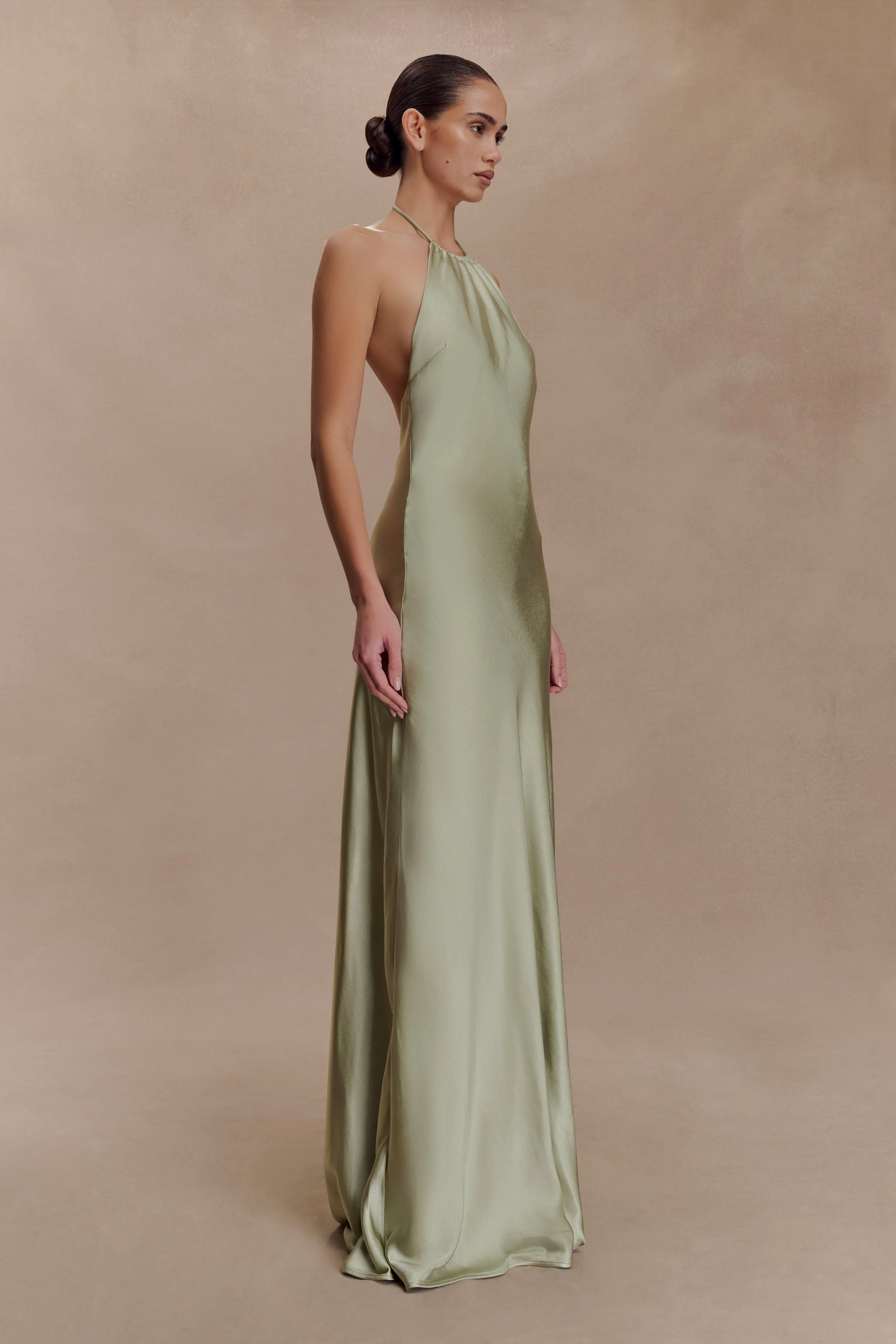Bella Satin Halter Maxi Dress - Sage - Image 2