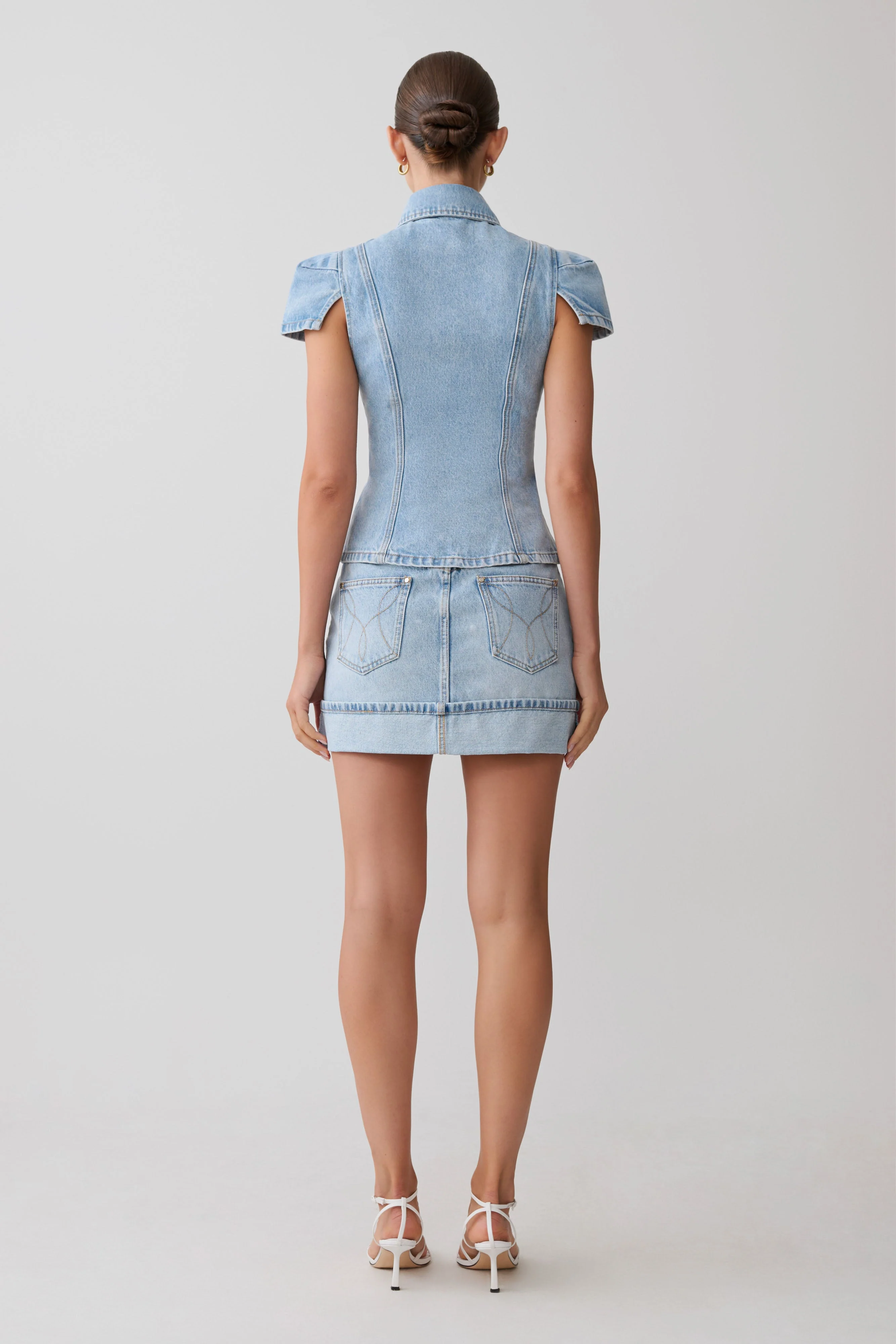 Bently Short Sleeve Denim Top - Washed Light Blue - Image 2
