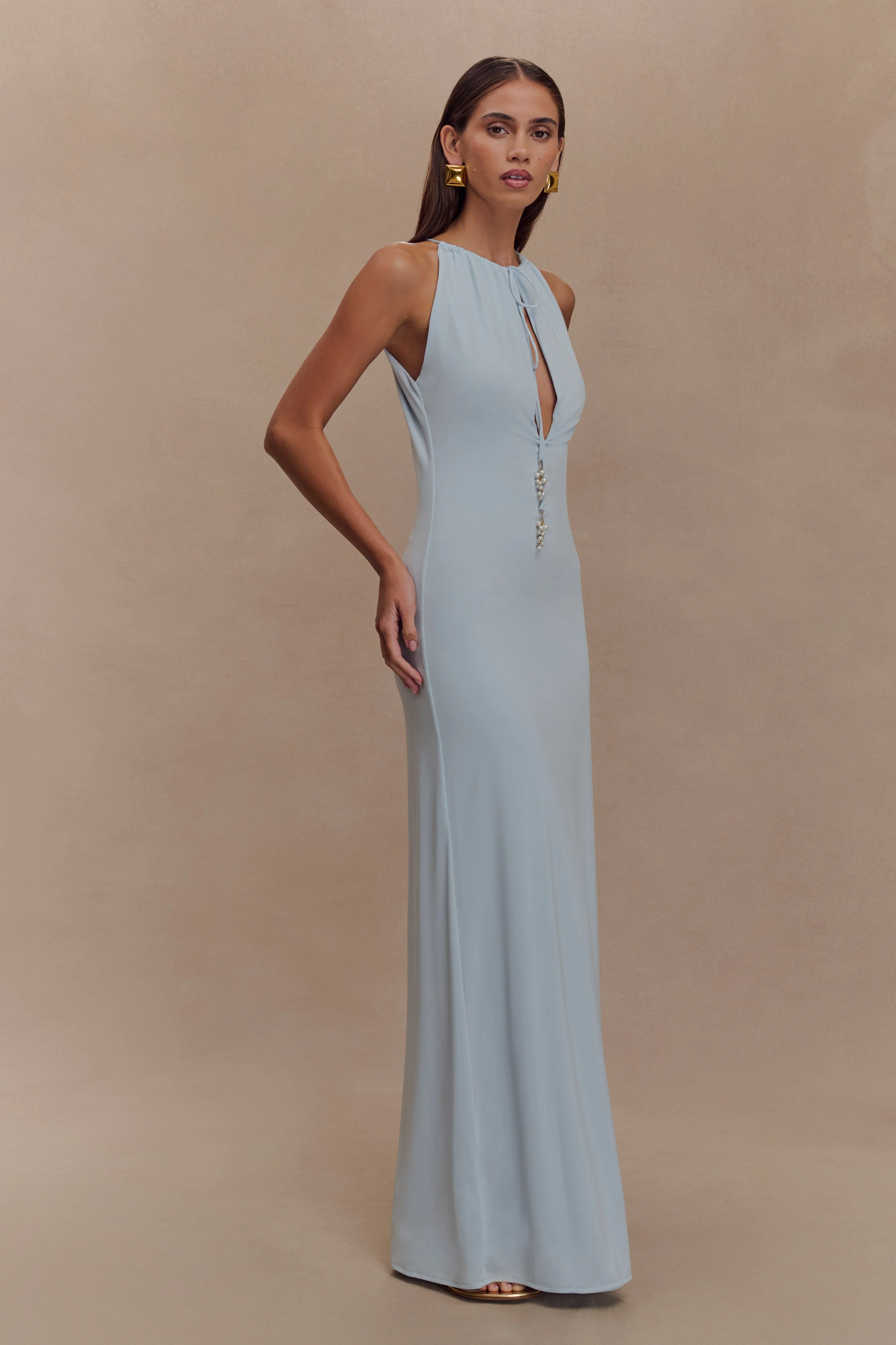 Beryl Slinky Maxi Dress With Pearls - Pale Blue - Image 2