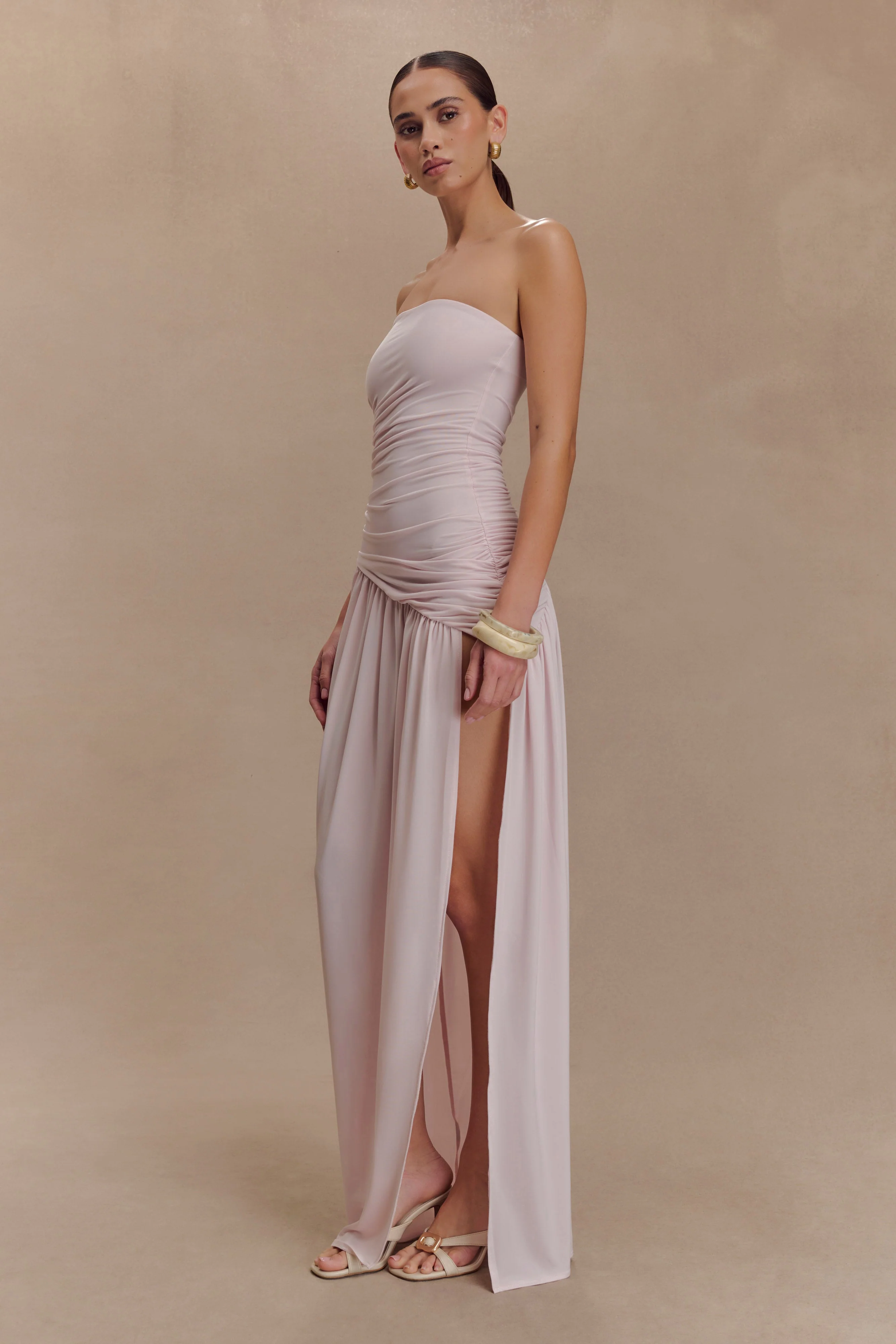 Bex Strapless Slinky Maxi Dress With Split - Pale Pink - Image 4