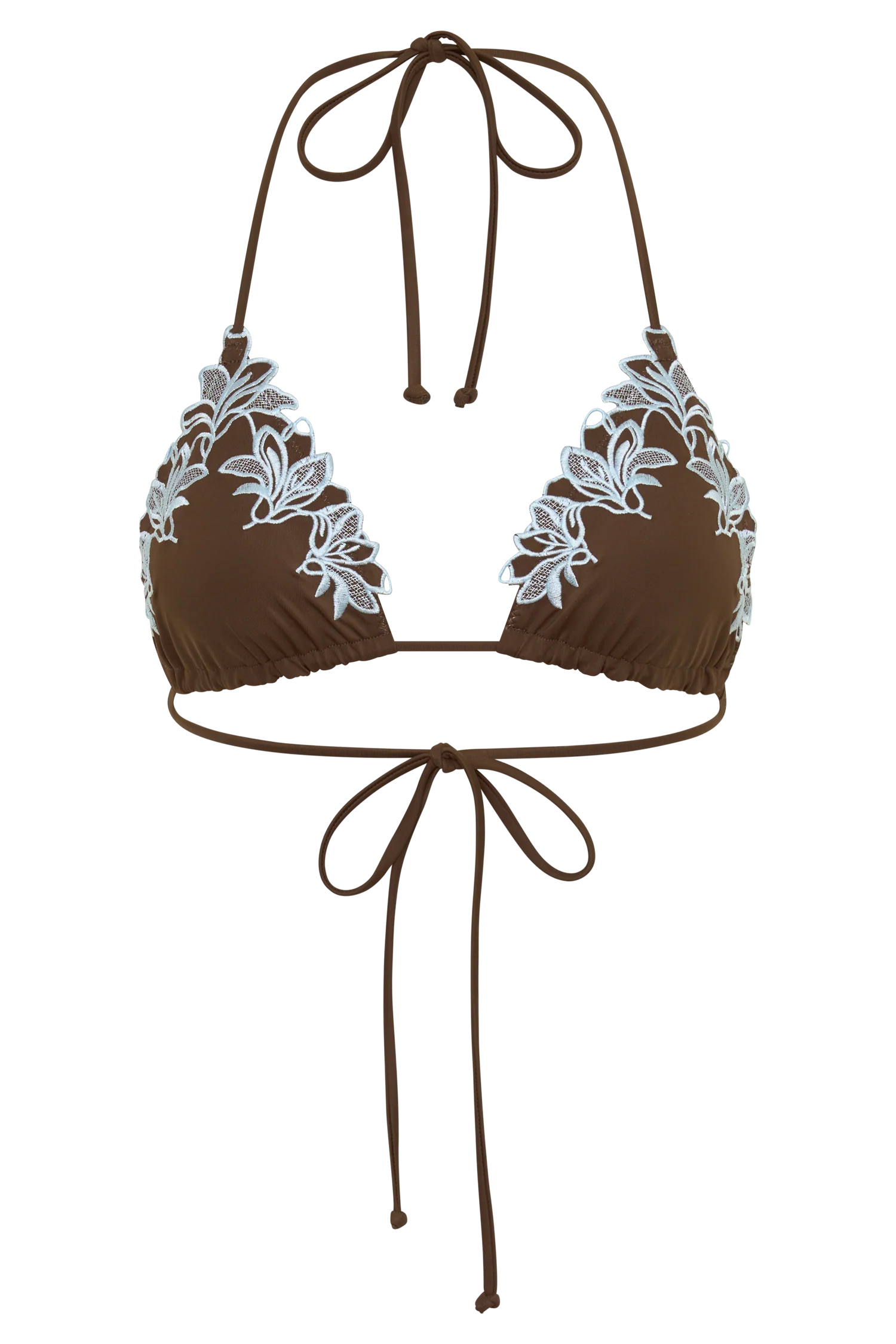 Bloom Embroidered Triangle Bikini Top - Chocolate With Pale Blue Embroidery - Image 13