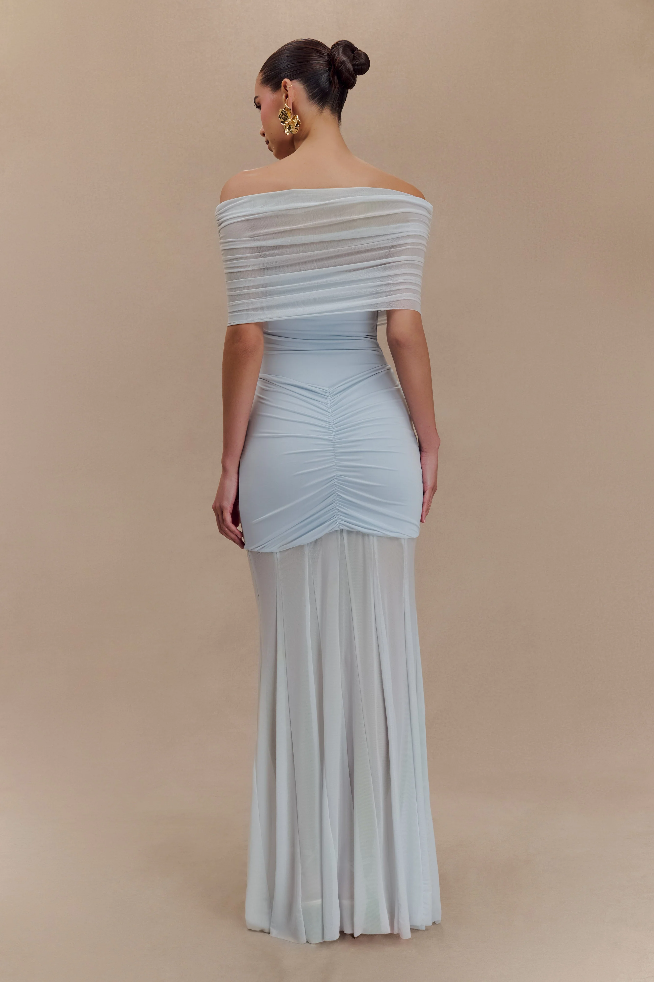 Caspian Slinky And Mesh Off Shoulder Maxi Dress - Pale Blue - Image 2