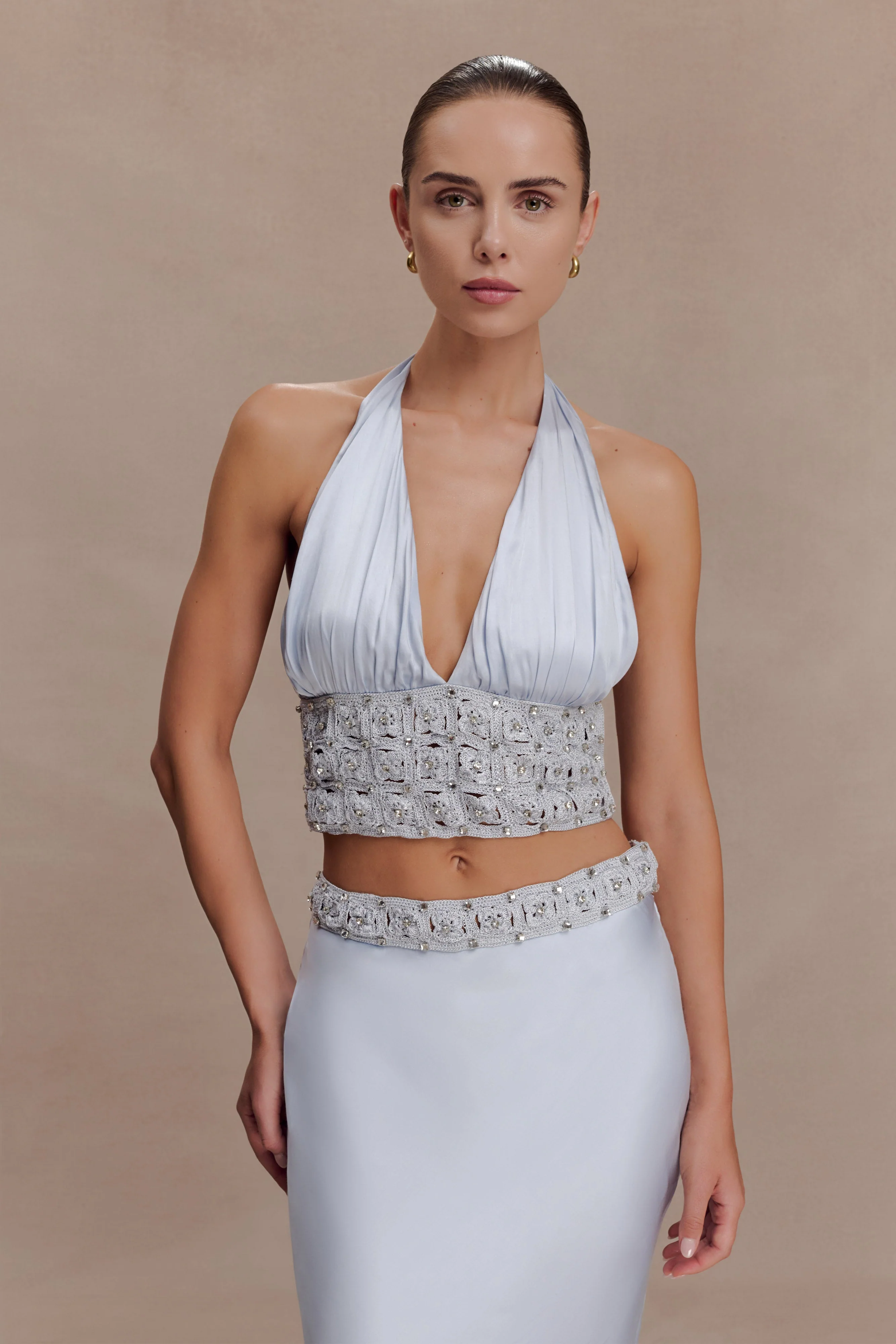 Clementine Chiffon Hand Beaded Top - Pale Blue