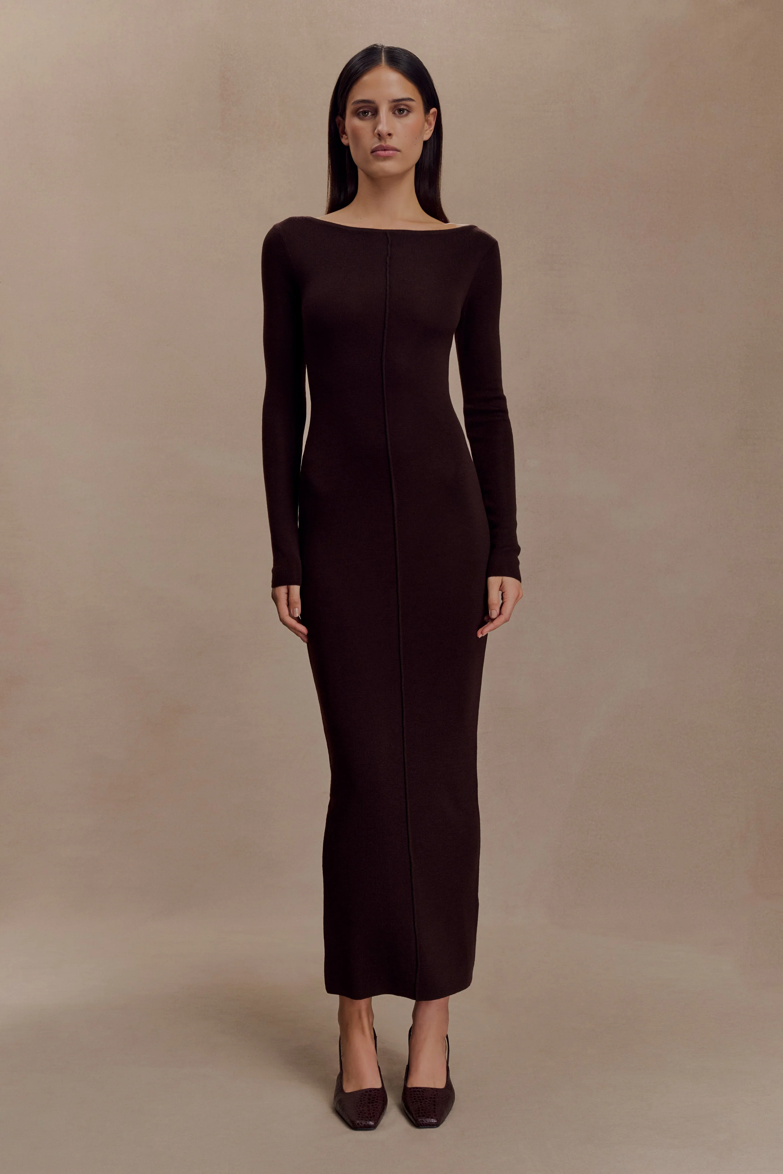 Cleona Merino Wool Ribbed Long Sleeve Maxi Dress - Deep Chocolate - Image 5