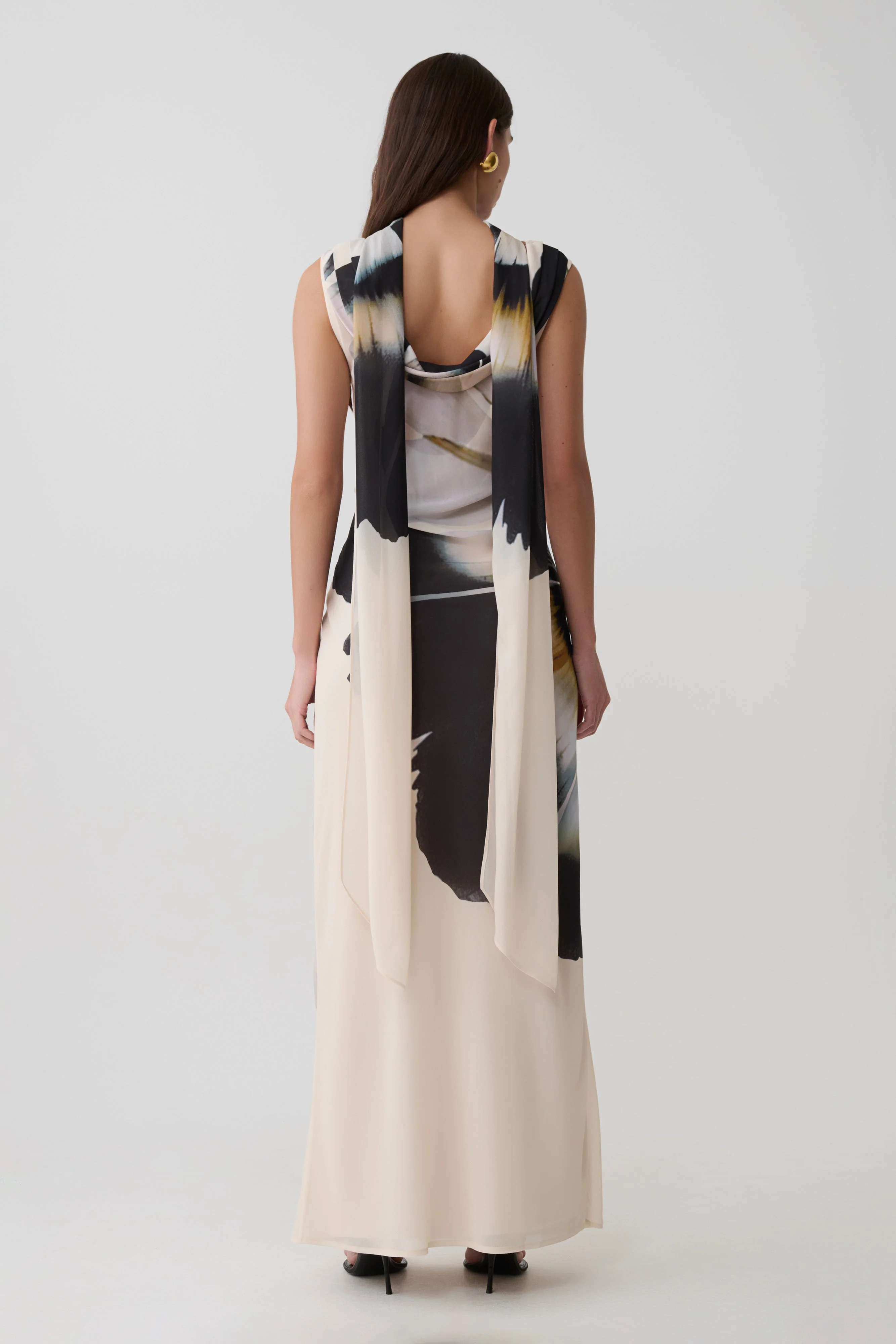 Dakota Chiffon Maxi Dress With Scarf - Ivory Oversized Floral Print - Image 3