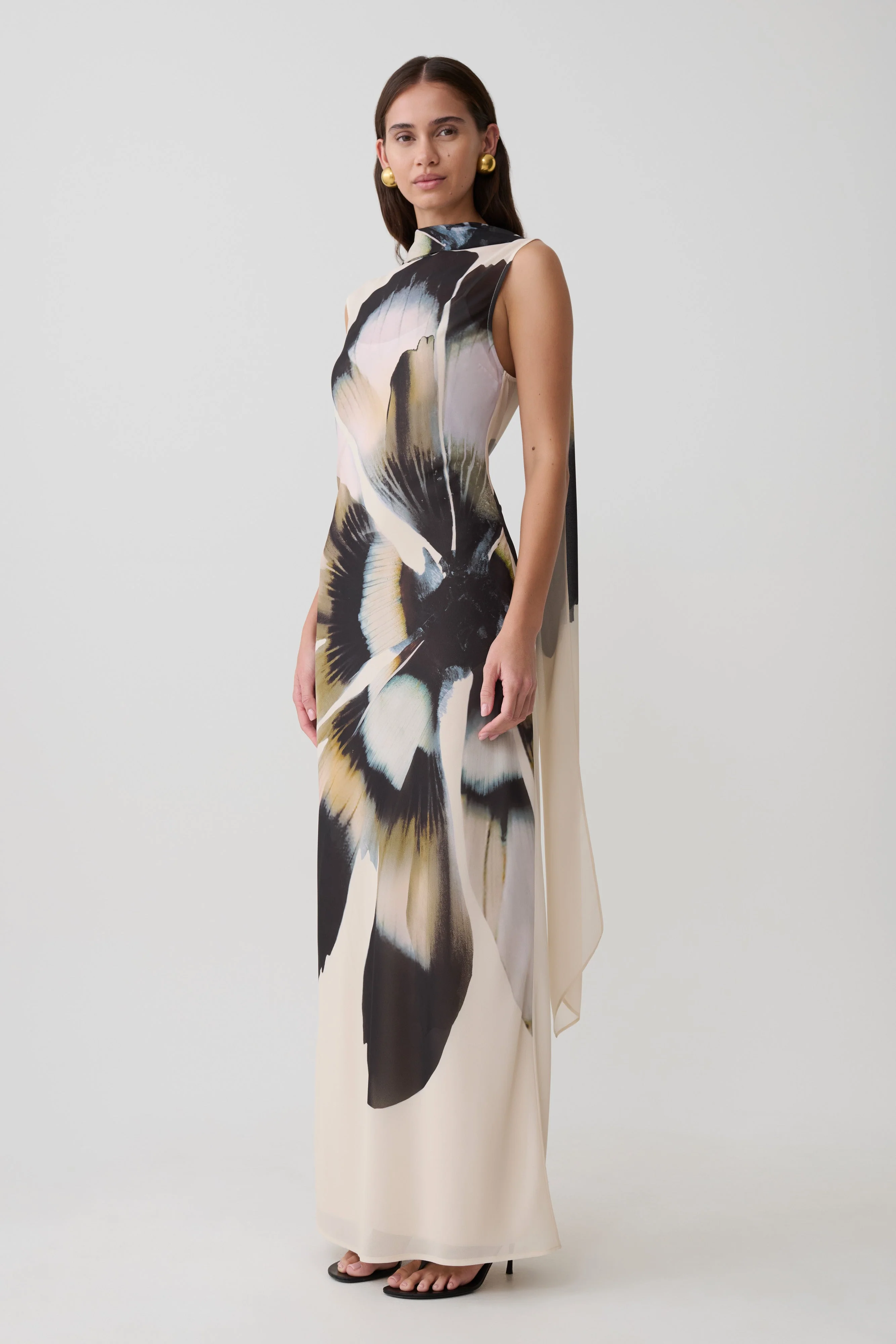 Dakota Chiffon Maxi Dress With Scarf - Ivory Oversized Floral Print - Image 5