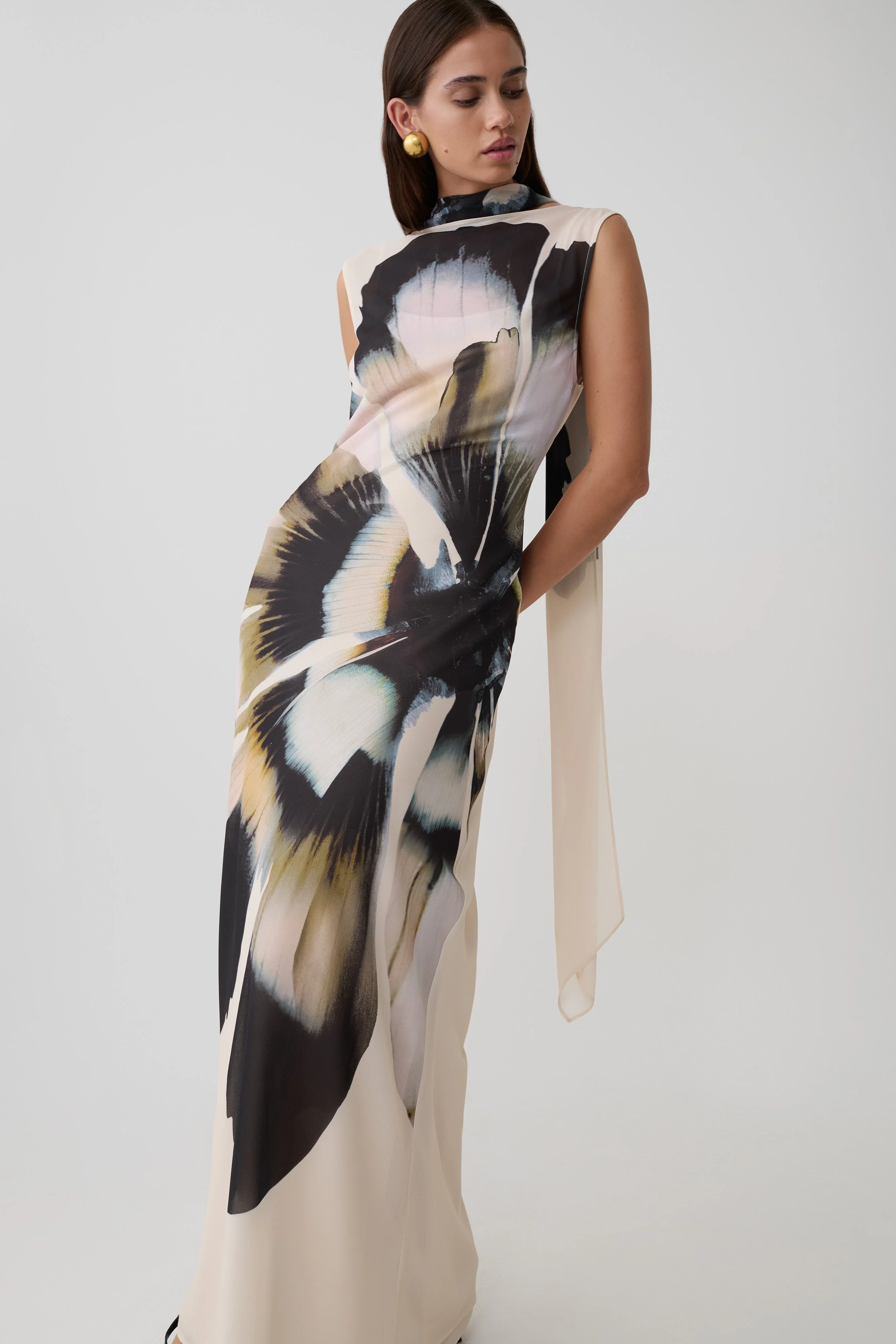 Dakota Chiffon Maxi Dress With Scarf - Ivory Oversized Floral Print - Image 7
