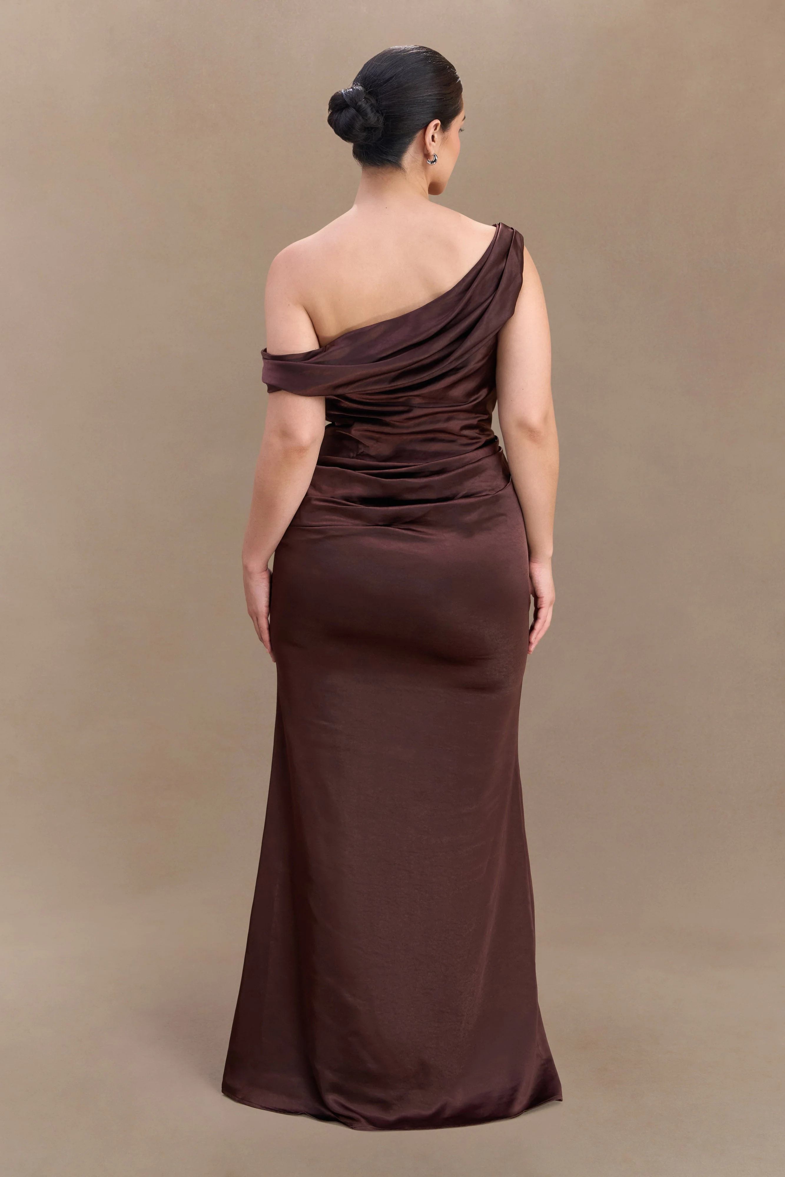 Dalia Off Shoulder Satin Maxi Dress - Dark Chocolate - Image 10