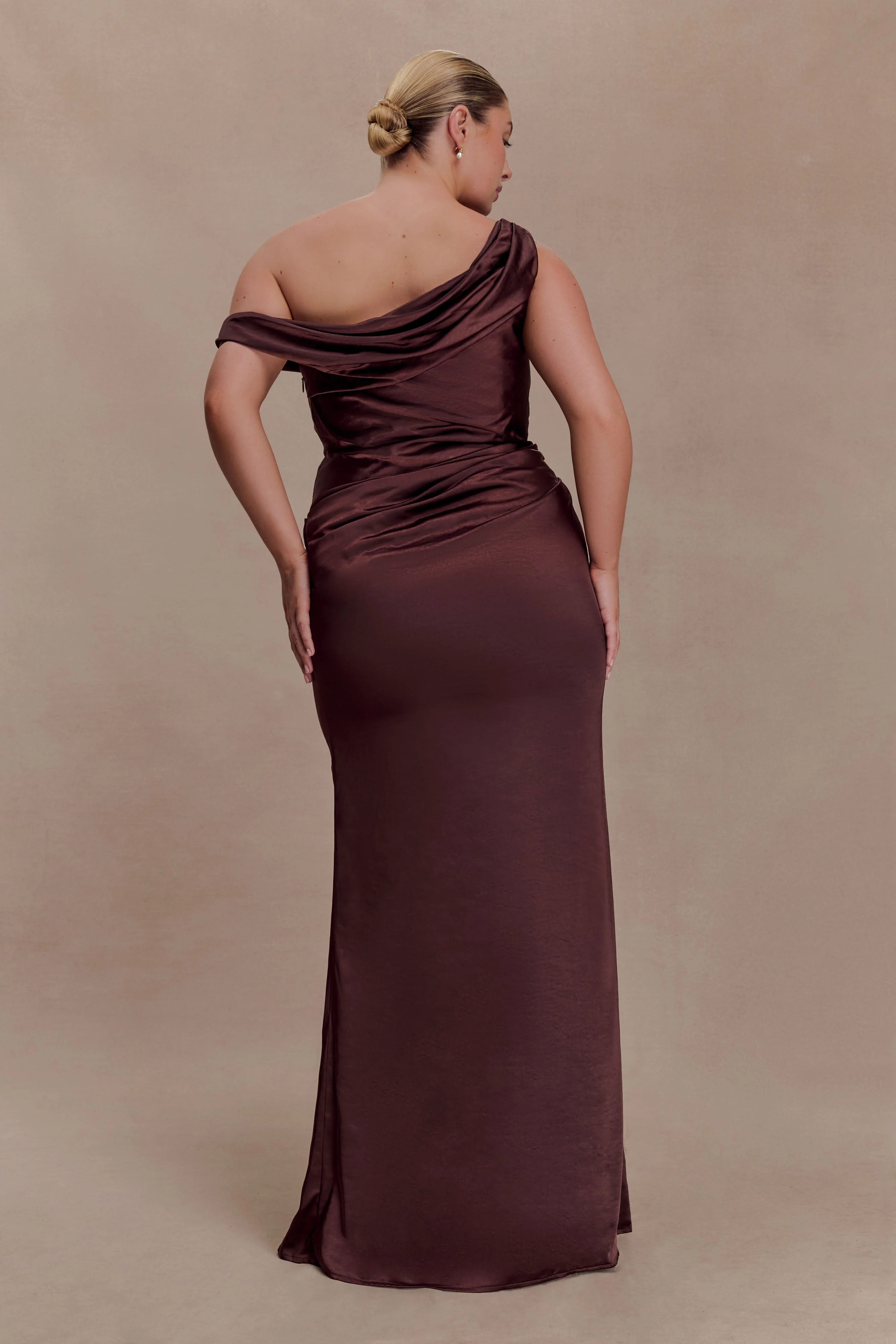 Dalia Off Shoulder Satin Maxi Dress - Dark Chocolate - Image 2