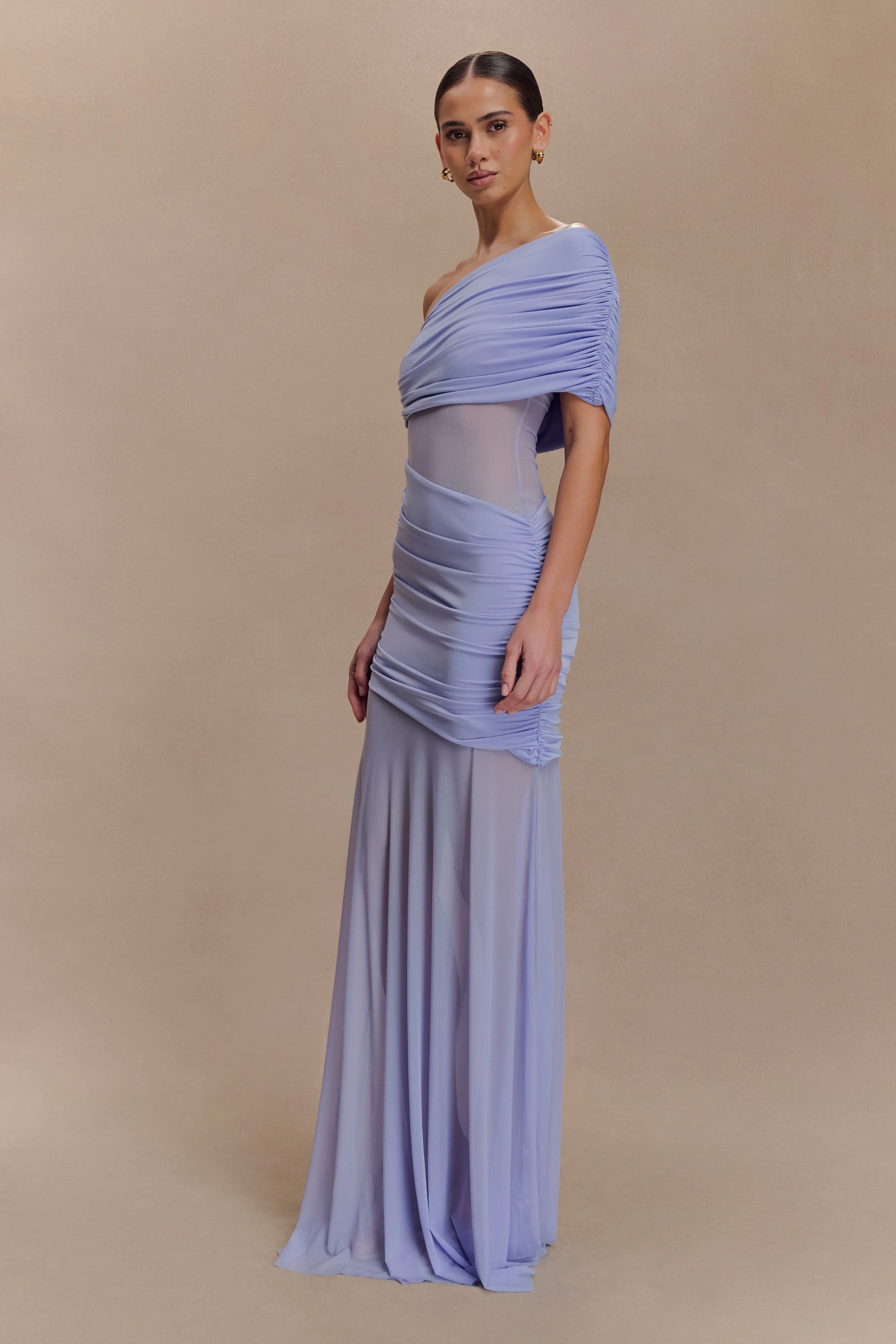 Dallas One Shoulder Mesh Maxi Dress - Lavender - Image 3