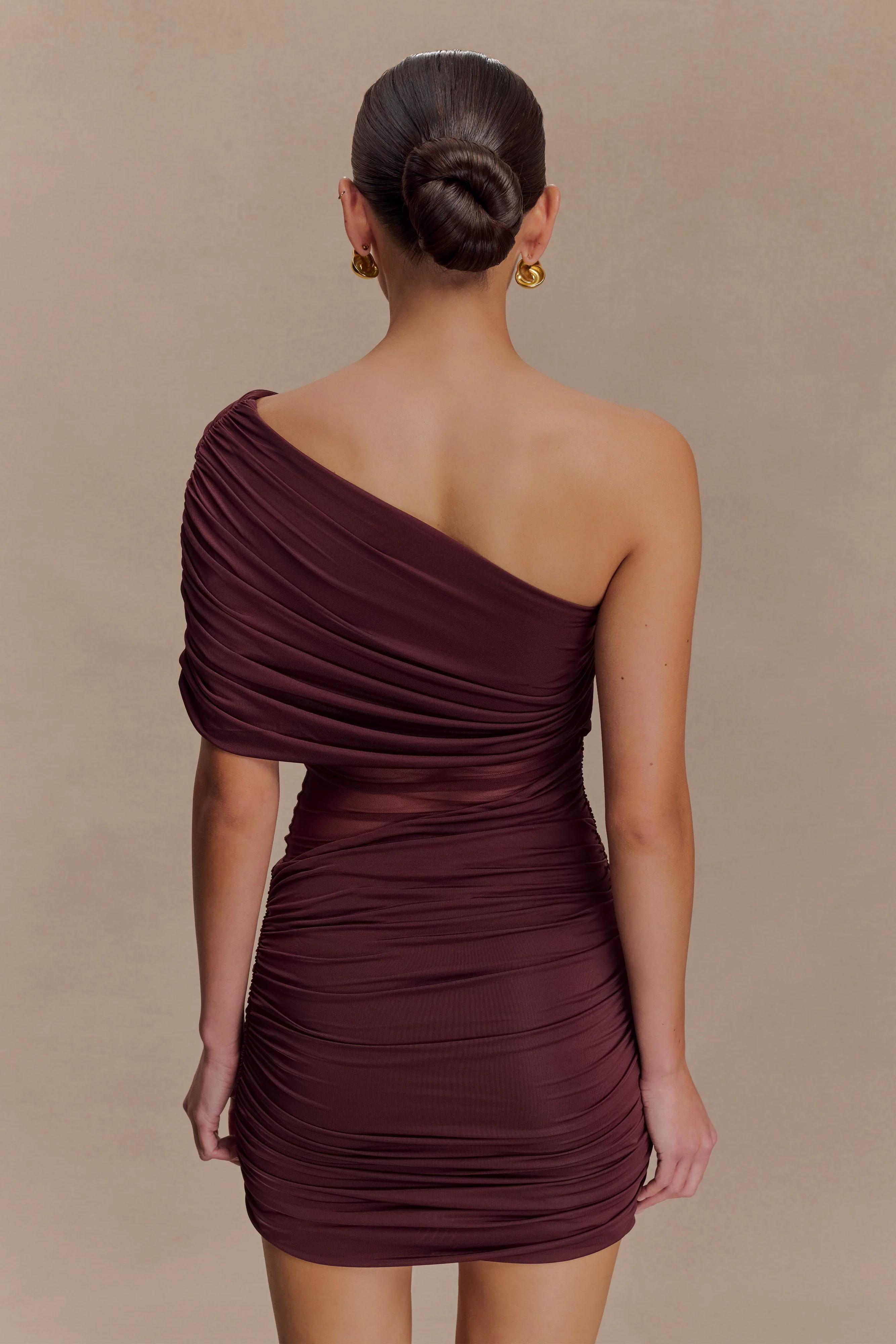 Dallas One Shoulder Mesh Mini Dress - Mahogany - Image 2
