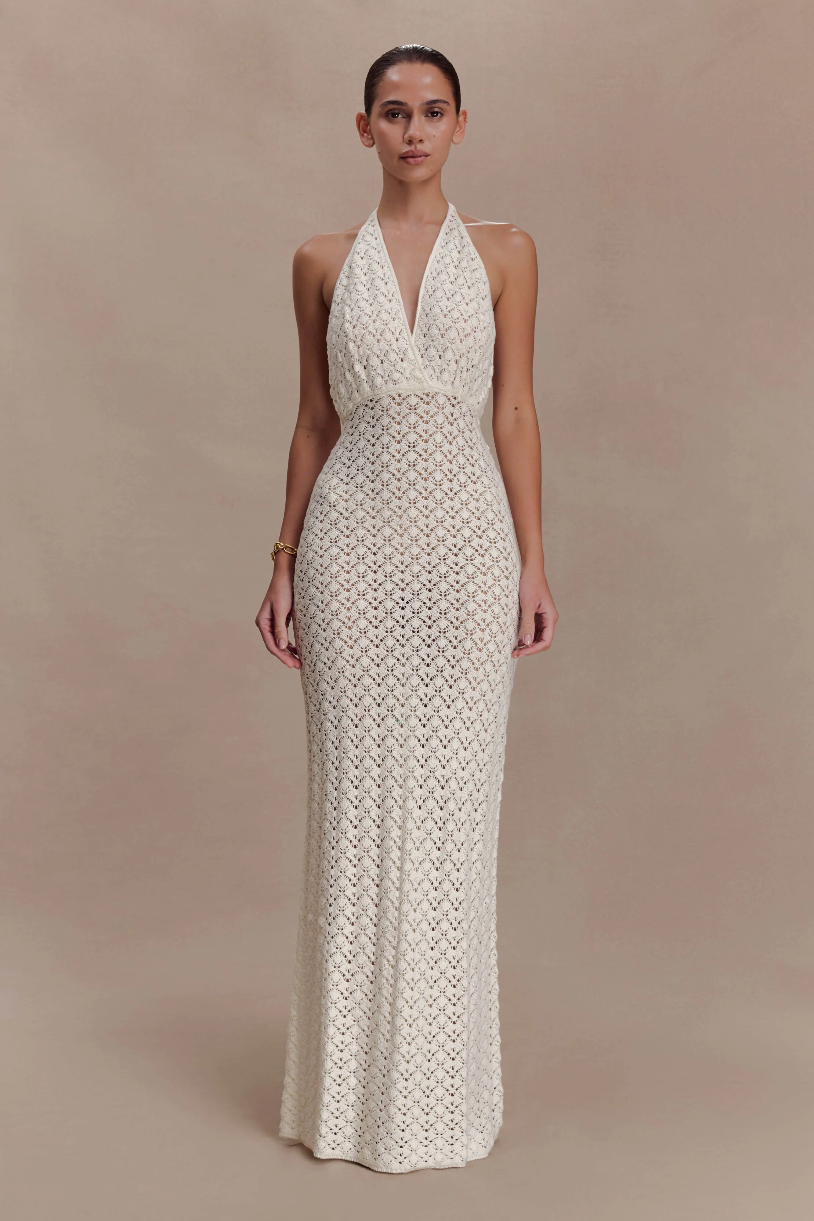 Deeliah Halterneck Crochet Maxi Dress - Ivory