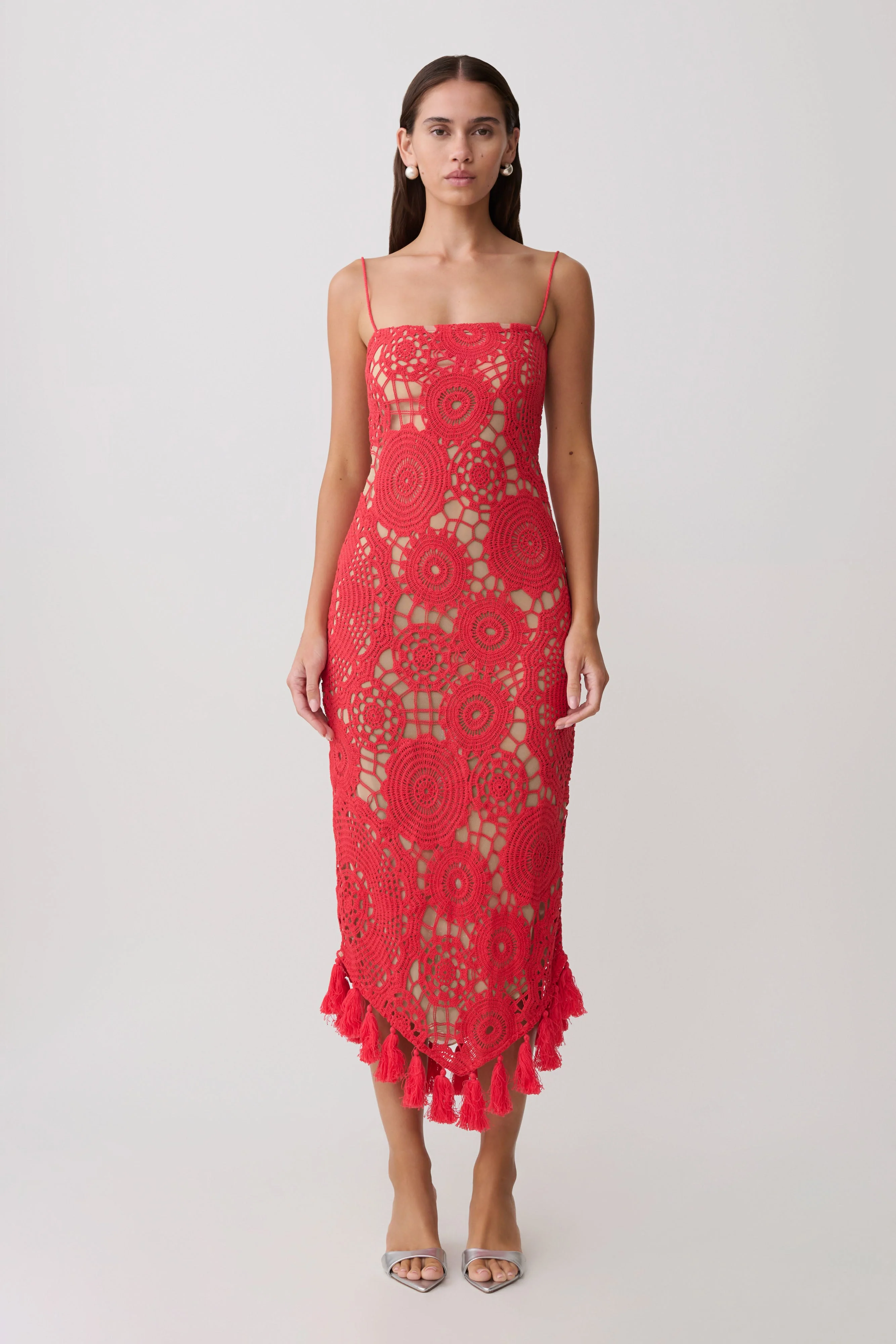 Delta Crochet Halter Midi Dress - Red - Image 5