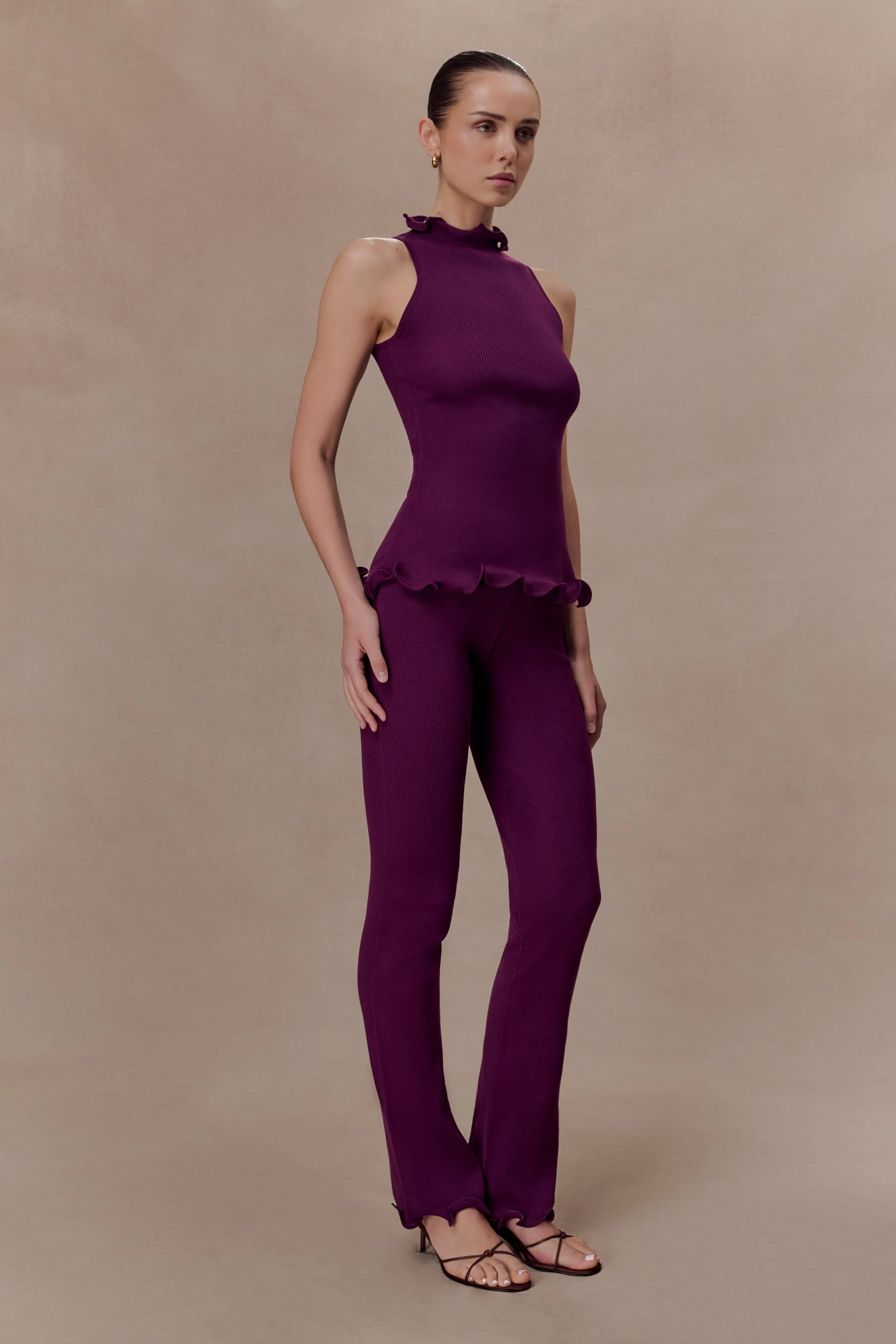 Diya Ribbed High Waisted Pants With Wire Hem - Plum - Image 4