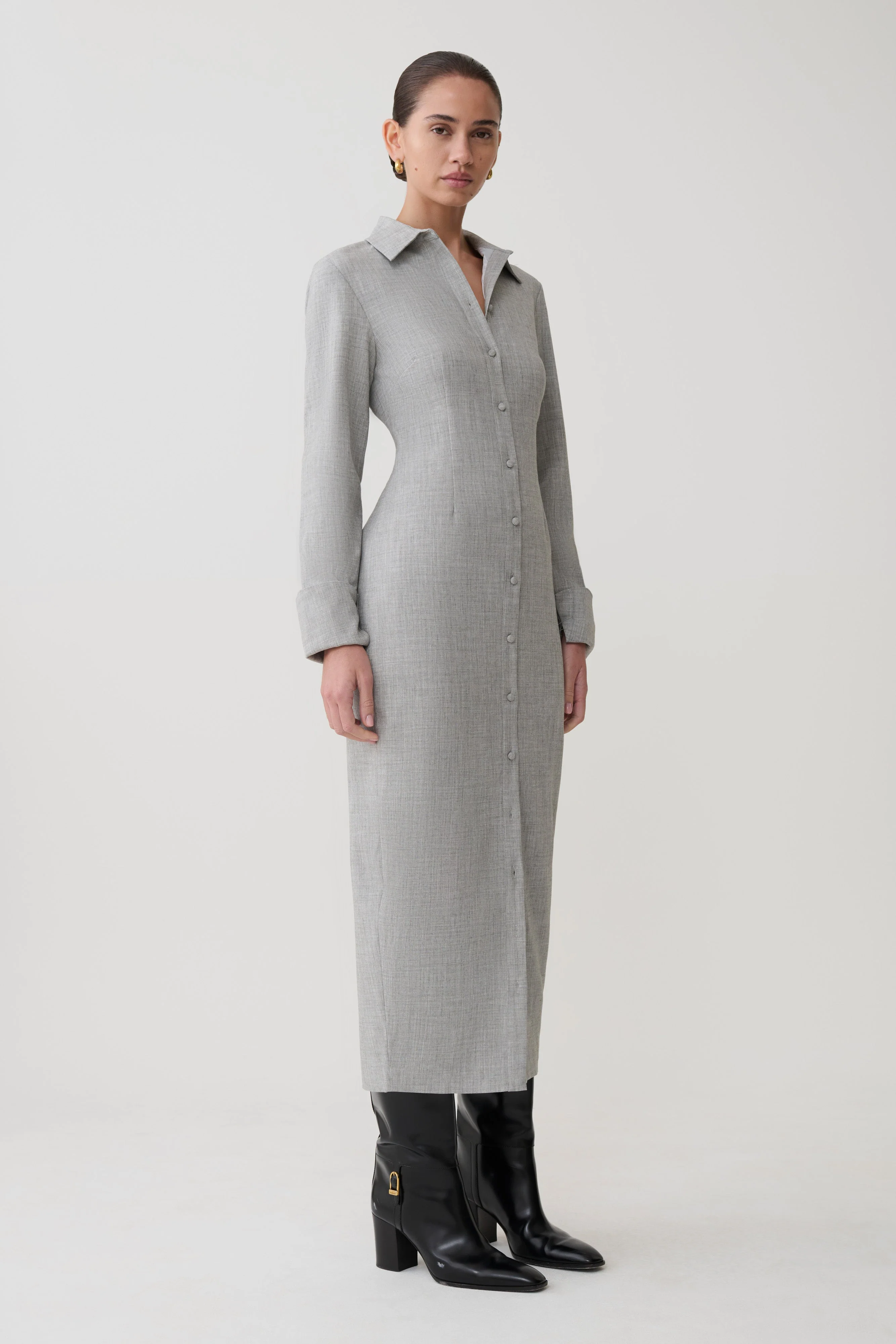 Dorian Fitted Shirt Midi Dress - Charcoal Marle - Image 5