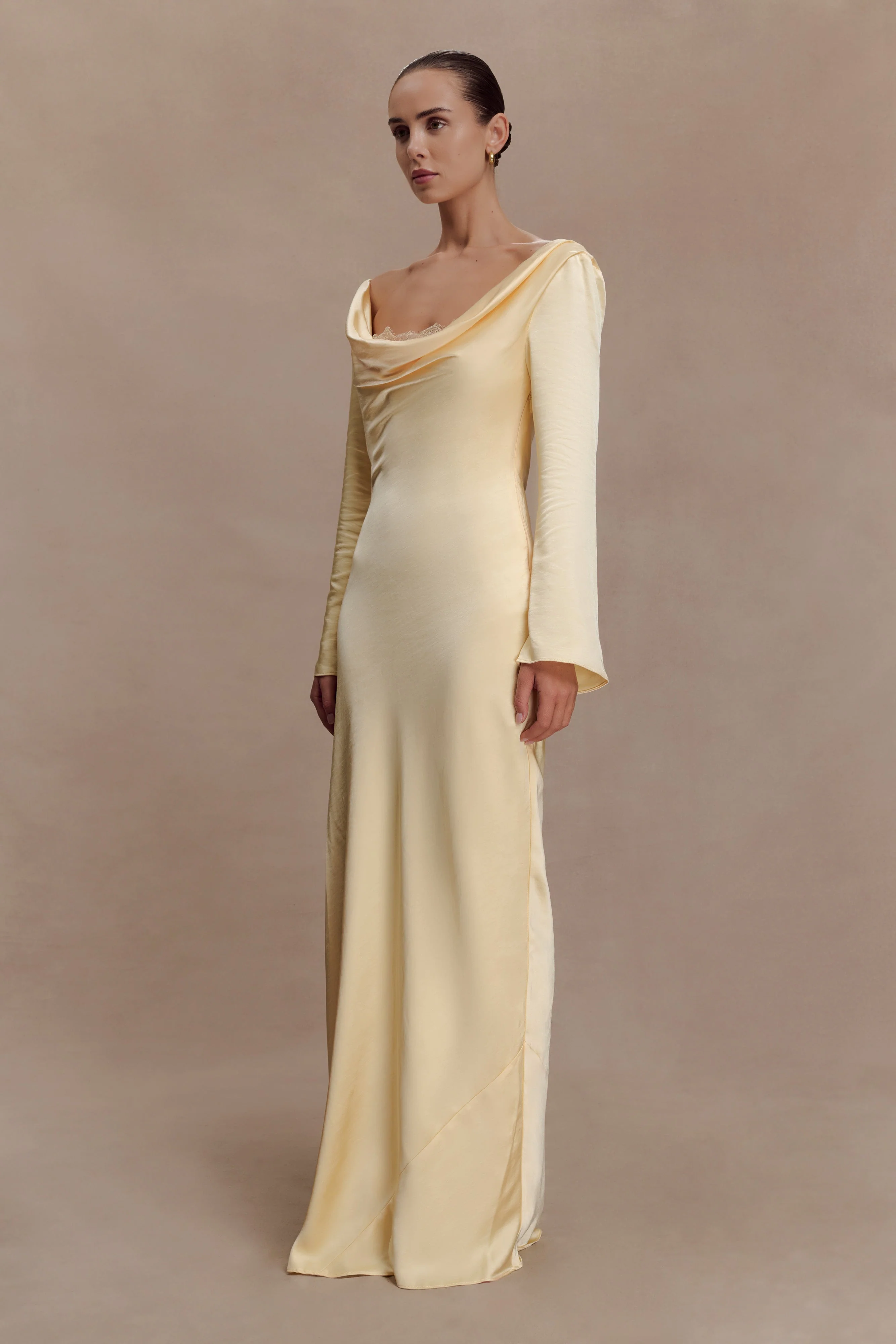 Eliza Long Sleeve Cowl Lace And Satin Maxi Dress - Lemon - Image 3