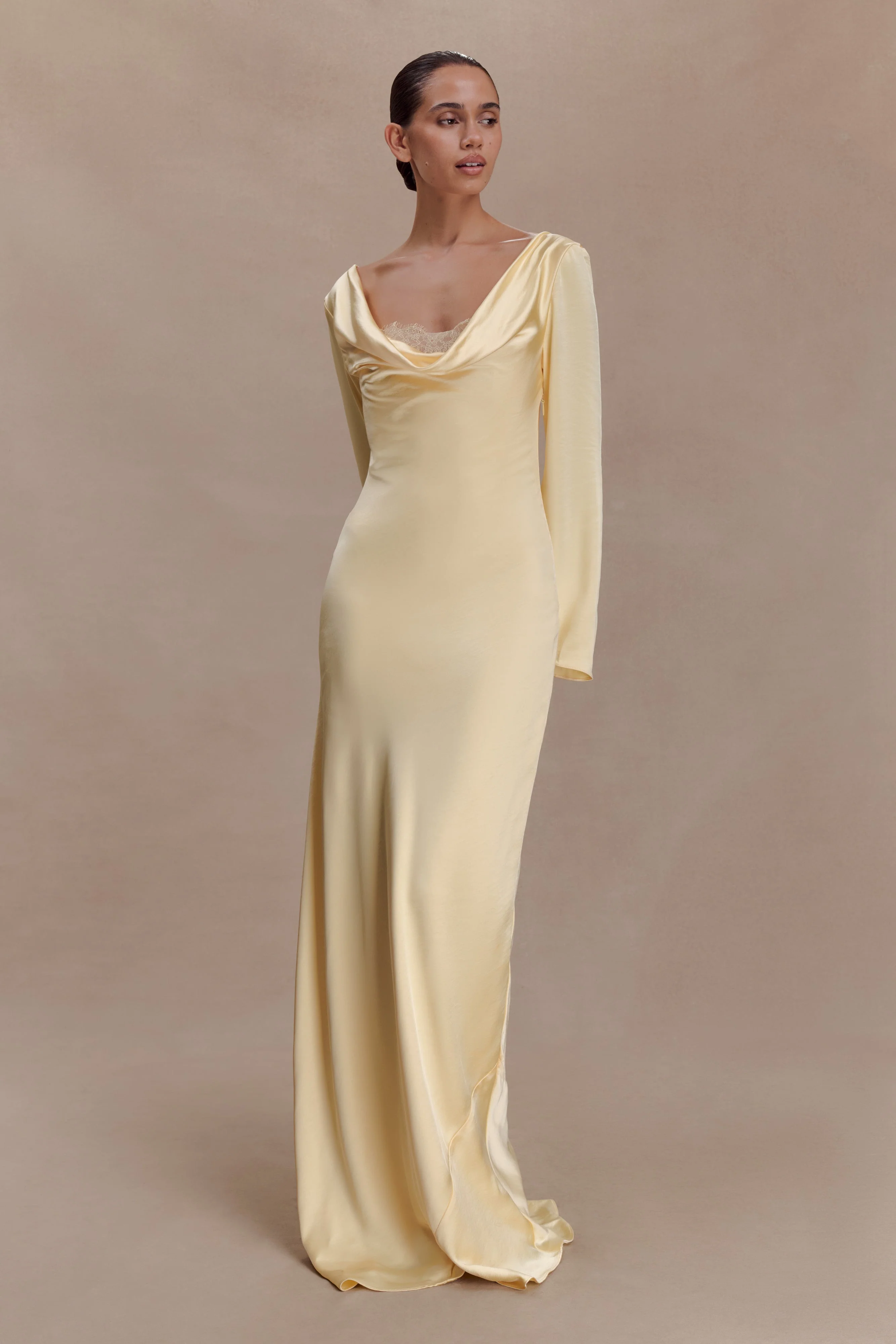 Eliza Long Sleeve Cowl Lace And Satin Maxi Dress - Lemon - Image 6