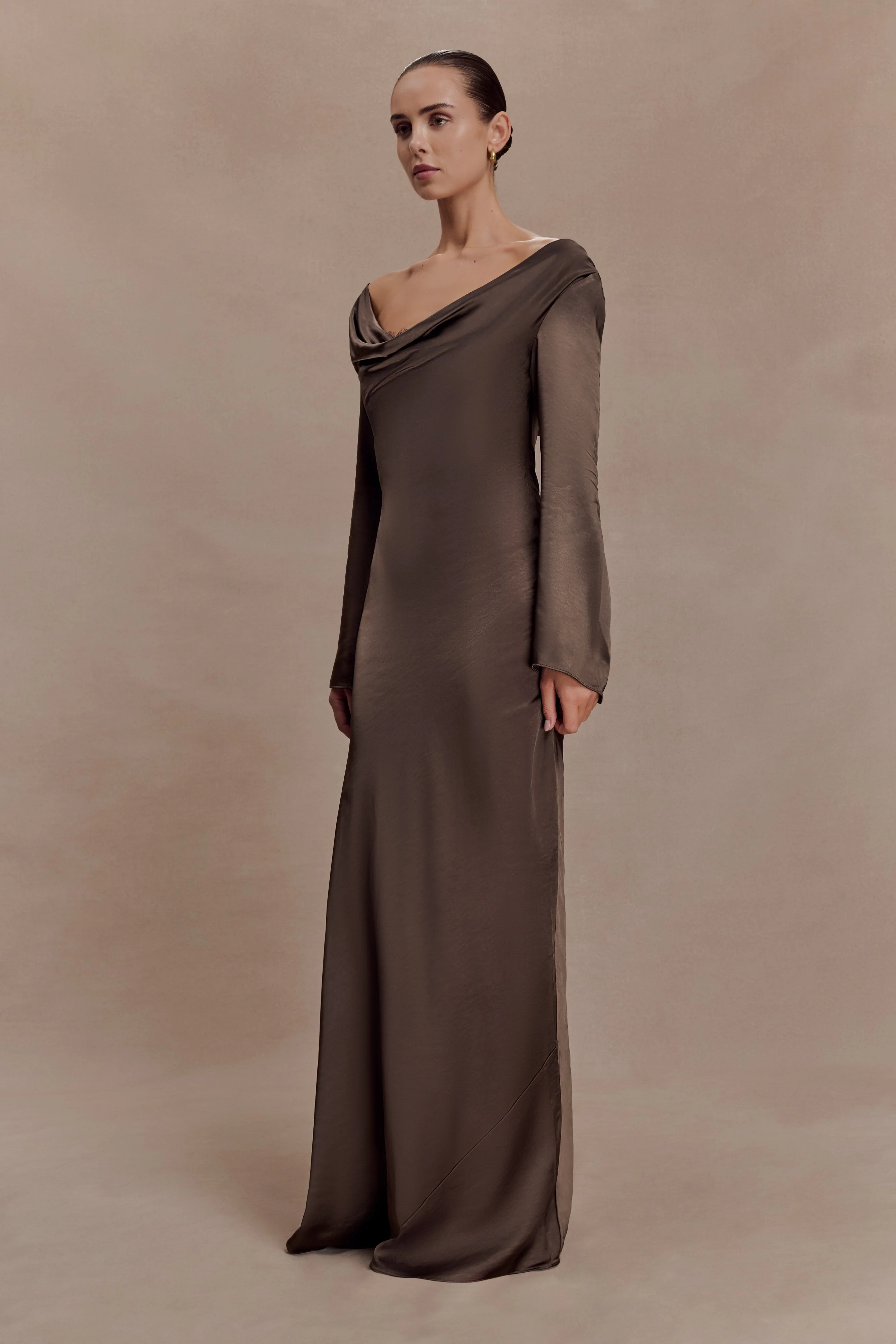 Eliza Long Sleeve Cowl Lace And Satin Maxi Dress - Mocha - Image 4