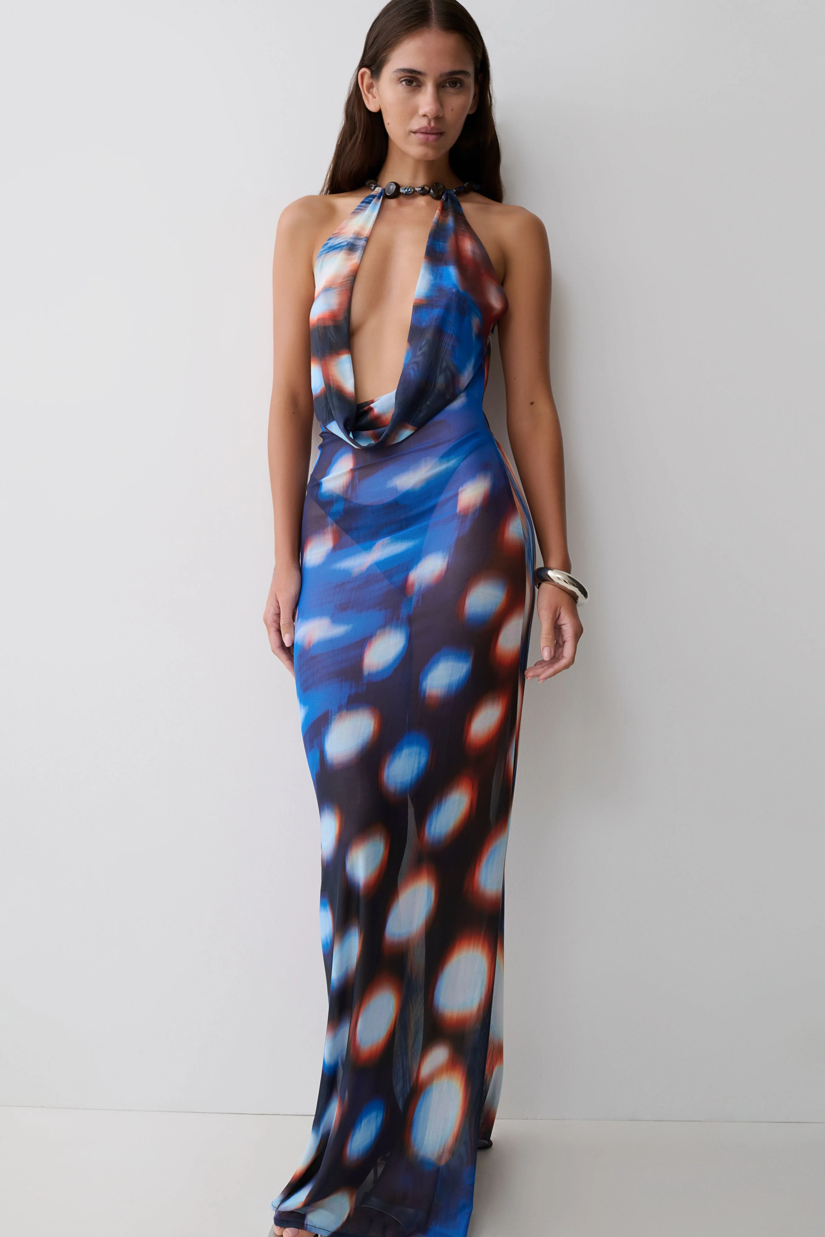 Ethel Mesh Cowl Plunge Maxi - Blue Abstract Print - Image 3