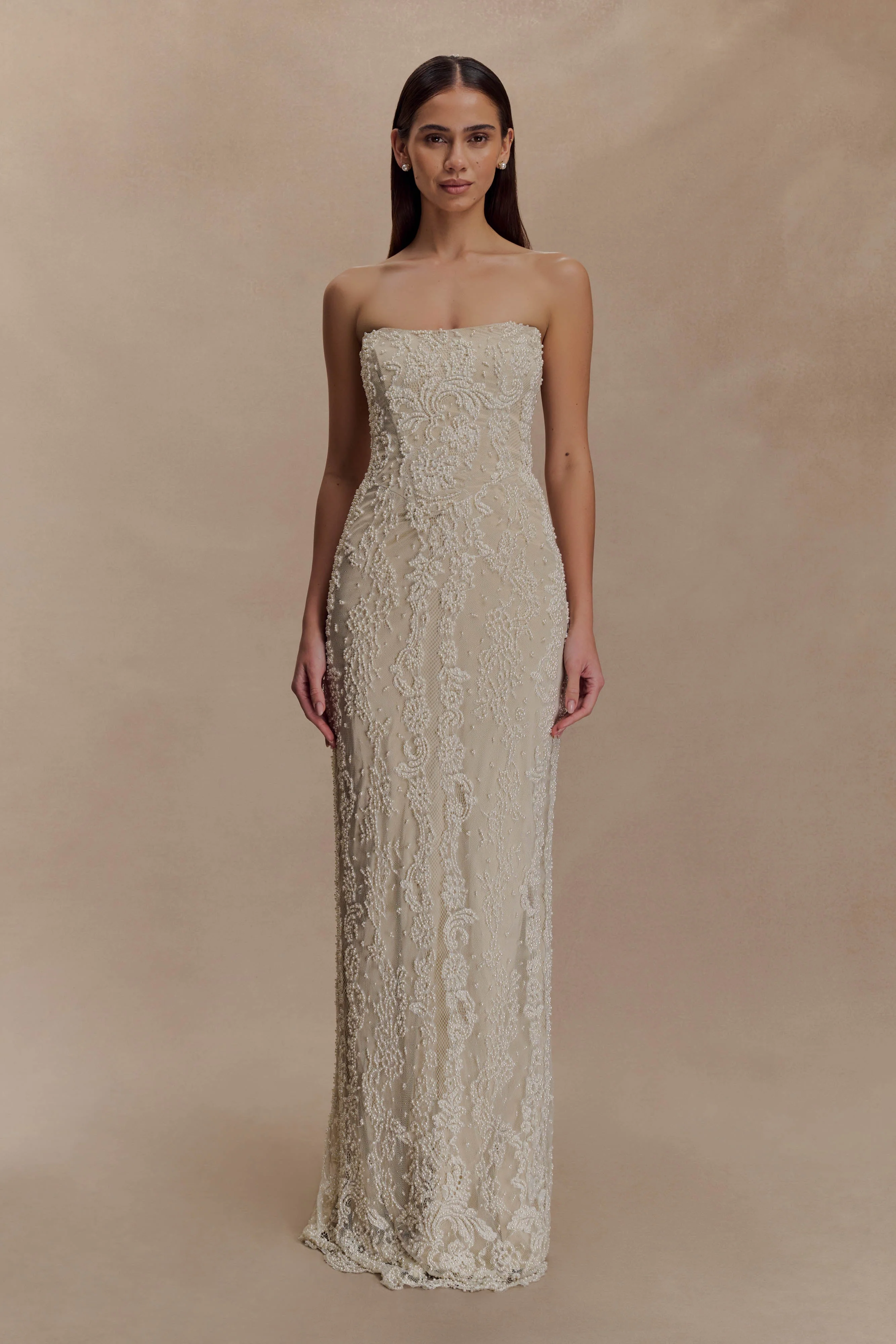 Eva Hand Beaded Pearl & Lace Maxi Dress - White - Image 4