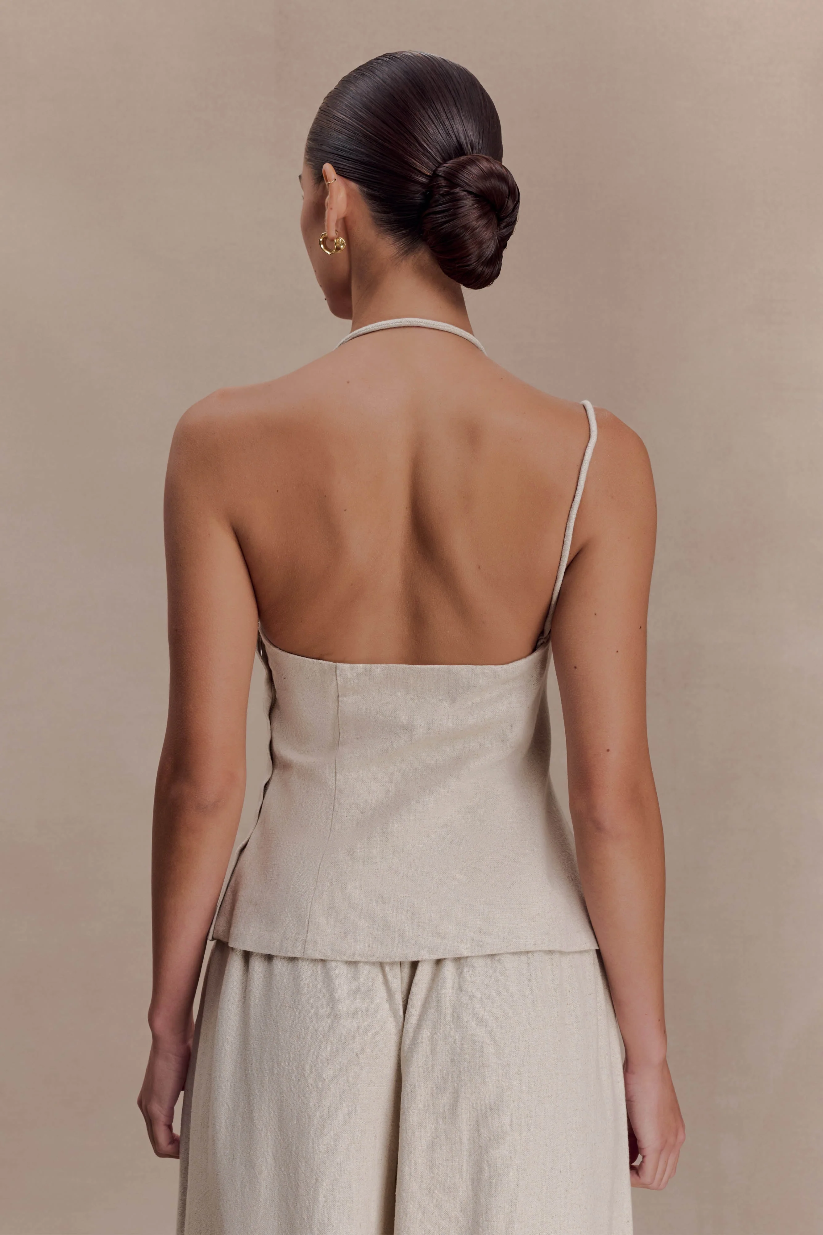 Gabby Asymmetrical Neckline Linen Beaded Top - Natural - Image 2
