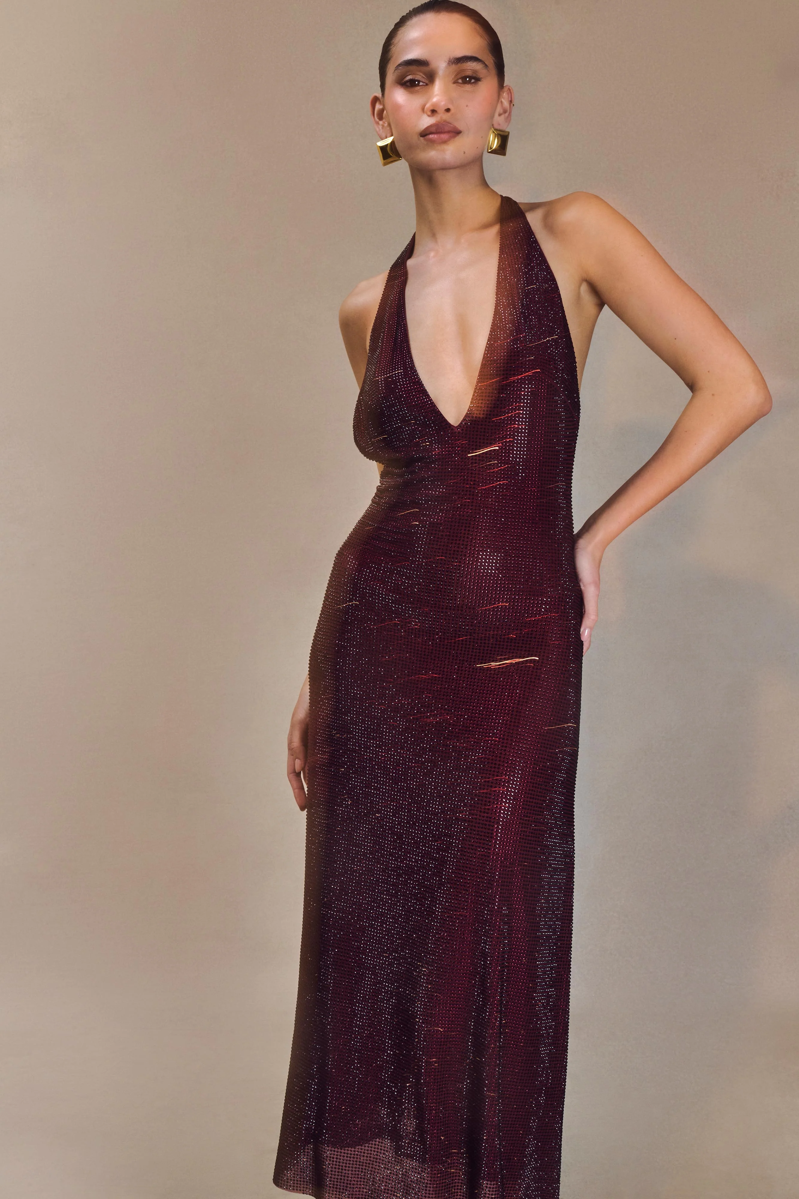 Genie Diamante Halter Midi Dress - Mahogany - Image 3