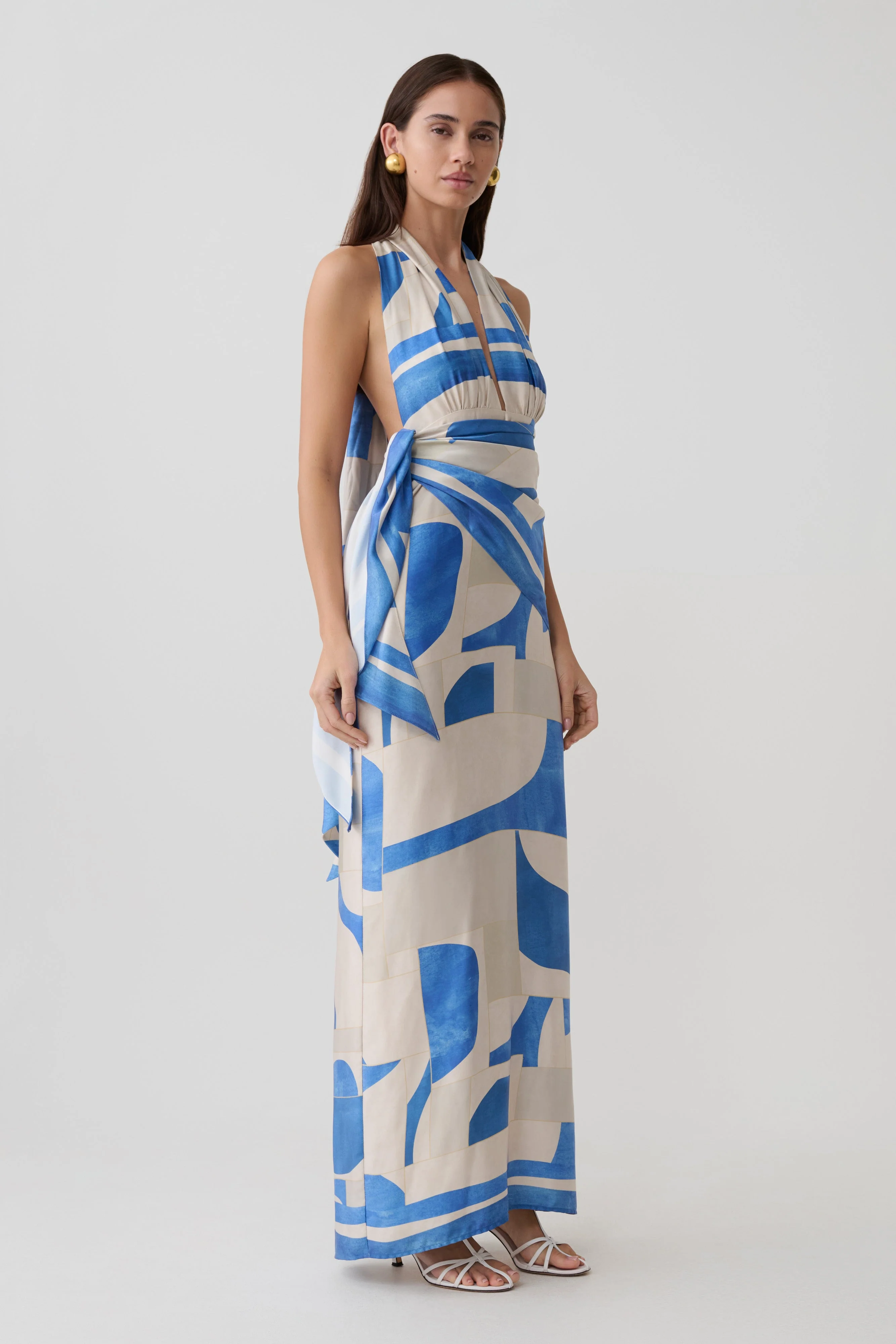 Gianna Satin Halter Maxi Dress - Blue Geo Tile Print - Image 4