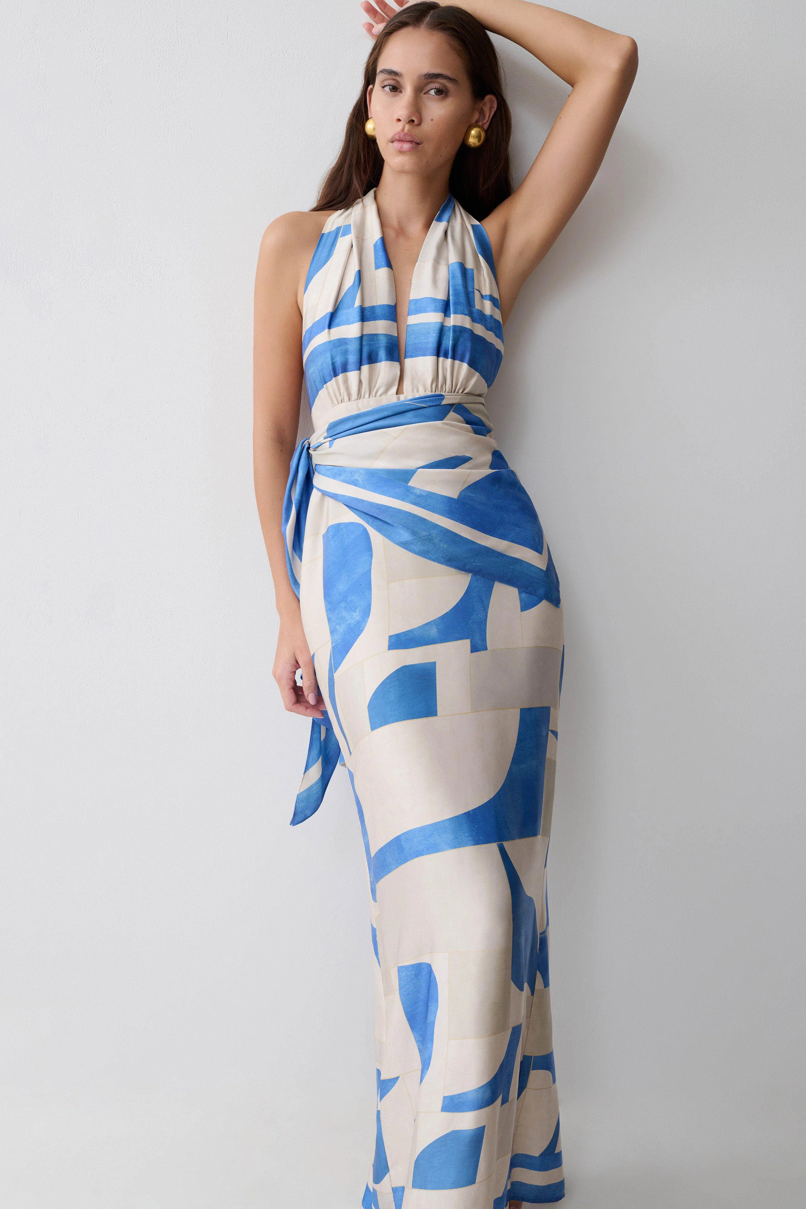 Gianna Satin Halter Maxi Dress - Blue Geo Tile Print - Image 6