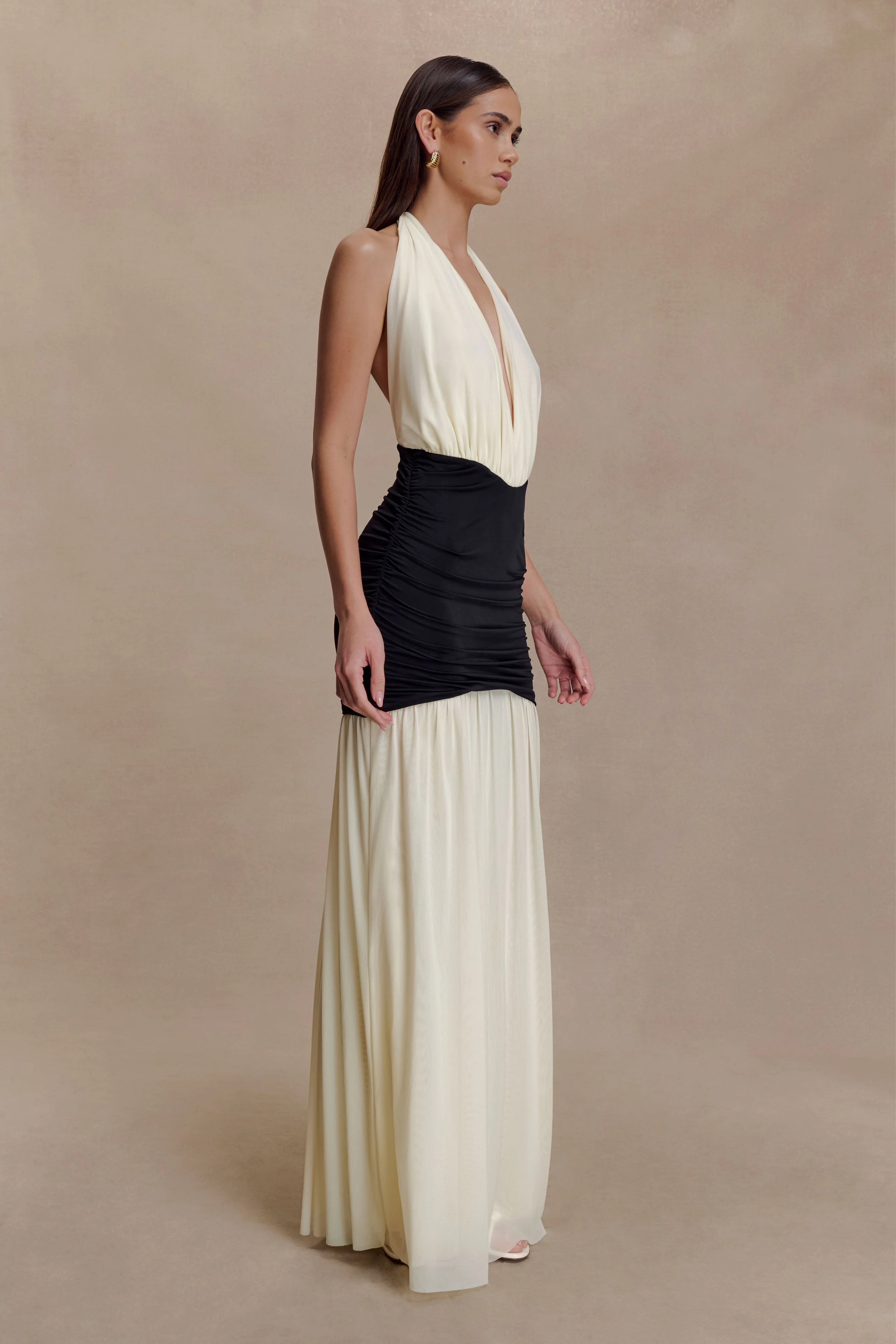 Hailee Slinky And Mesh Halter Maxi Dress - Black/White - Image 4