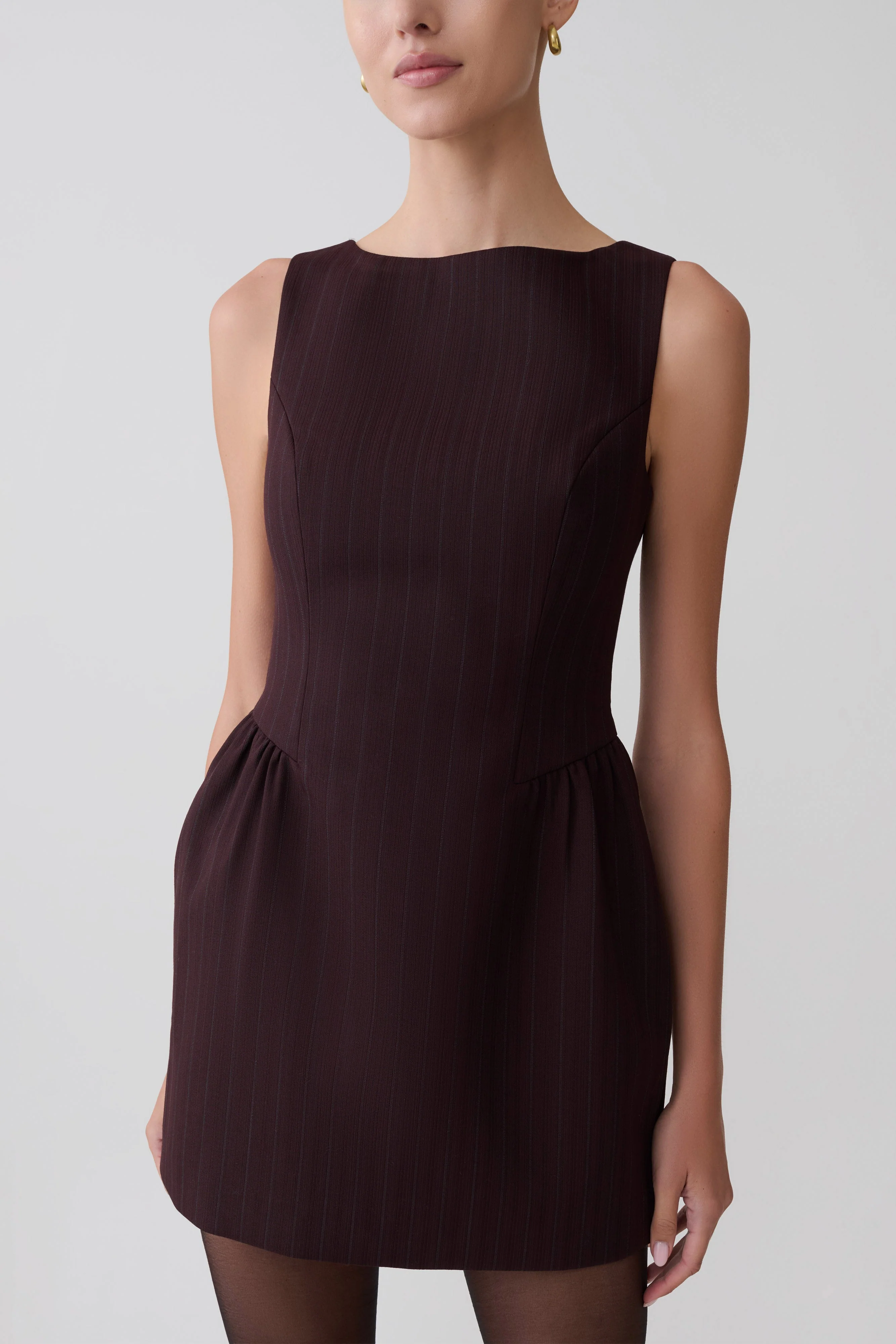 Hallie Boat Neck Mini Dress - Plum Pinstripe - Image 11